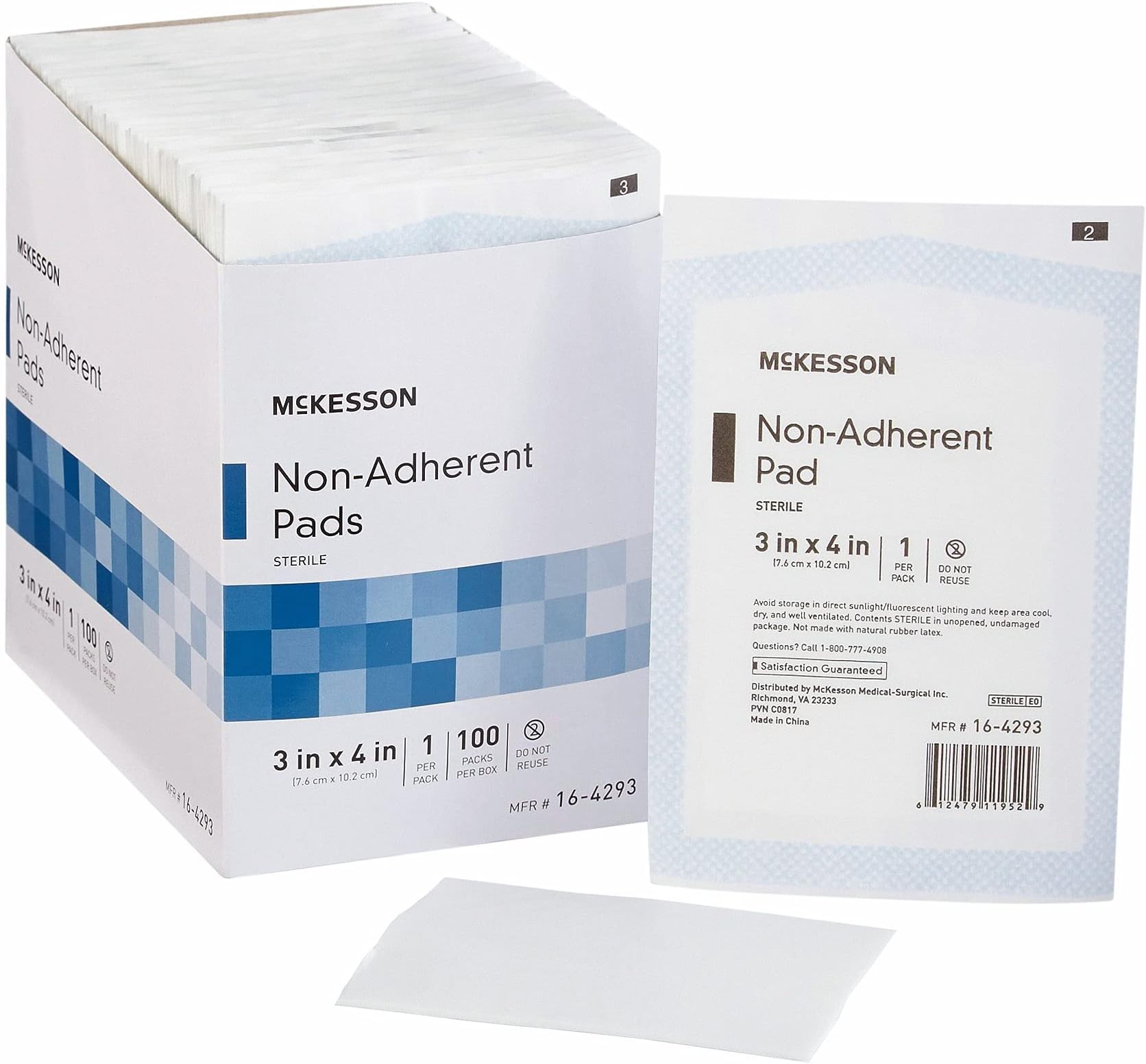 McKesson Non-Adherent Pads for Wounds, 3x4 Inch, 100 Count, Sterile Non-Stick Wound Dressing, Highly Absorbent, Painless Removal, Individually Wrapped