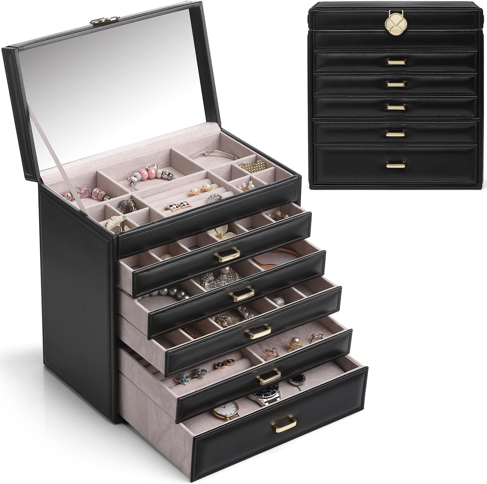 Vlando Large Jewellery Box for Ladies - 6 Levels Drawers, Faux Leather Jewellery Organiser in Black