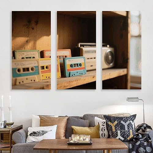 Miniatura 3 de KLJHNVBM 3 Panel Canvas Wall Art Vertical 16x32inch(40x80cm) Modern Artwork Prints Home Decor, Retro Cassette Tape Poster for Living Room, Bedroom,