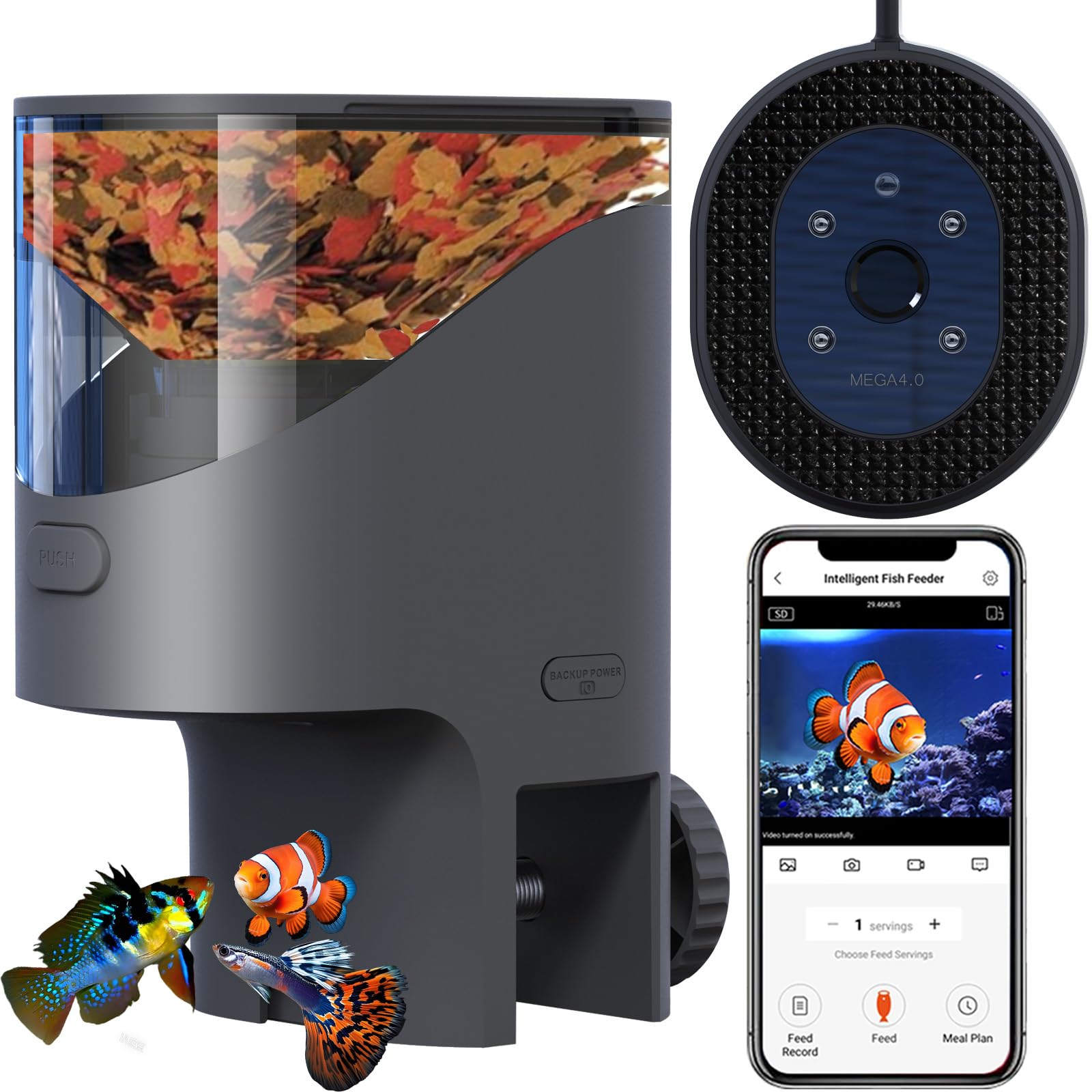 Comedero Peces WiFi, Cámara 2.5K HD, App 2.4/5G, Dosis Precisión 0,2g Anti-Atascos, Vacaciones, Depósito 200ML Anti-Humedad, Temporizador Control Remoto, Acuario Agua Dulce, Salada