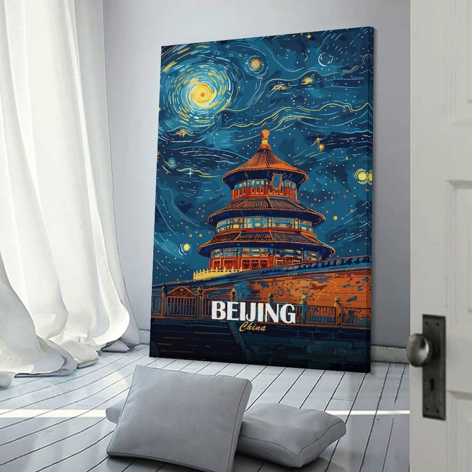 Junmoney Beijing China Night Sky Art Wall Art Print, 24x36inch(60x90cm), for Study, Office Or Focused Interiors, Home Office Artwork with Decorative Appeal