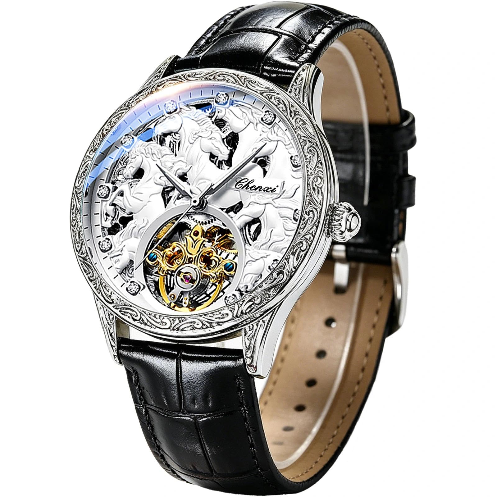 Men's Gold Luxury Tourbillon Watch Tiger Carved Moon Phase Self-winding Mechanical Automatic Watches Retro Tattoo Skeleton Large Dial Leather Belt Wristwatch-image-25