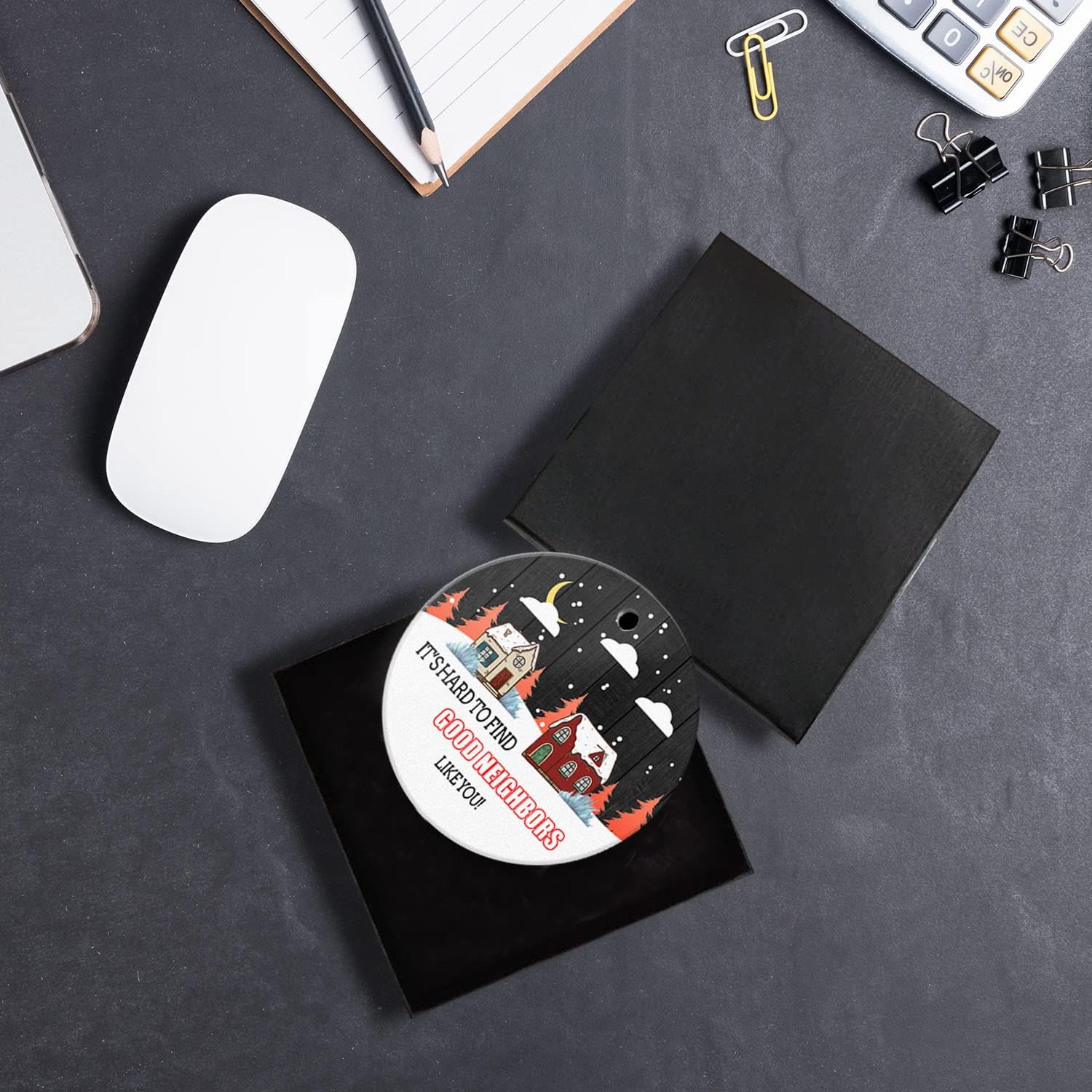 It's Hard to Find Good Neighbors Like You Christmas Ornament 2025 Round Christmas Tree Ornaments Keepsake Gifts for Neighbors Home Decor Flat Circle Ceramic Ornament 3inch with a Gift Box - Image 4