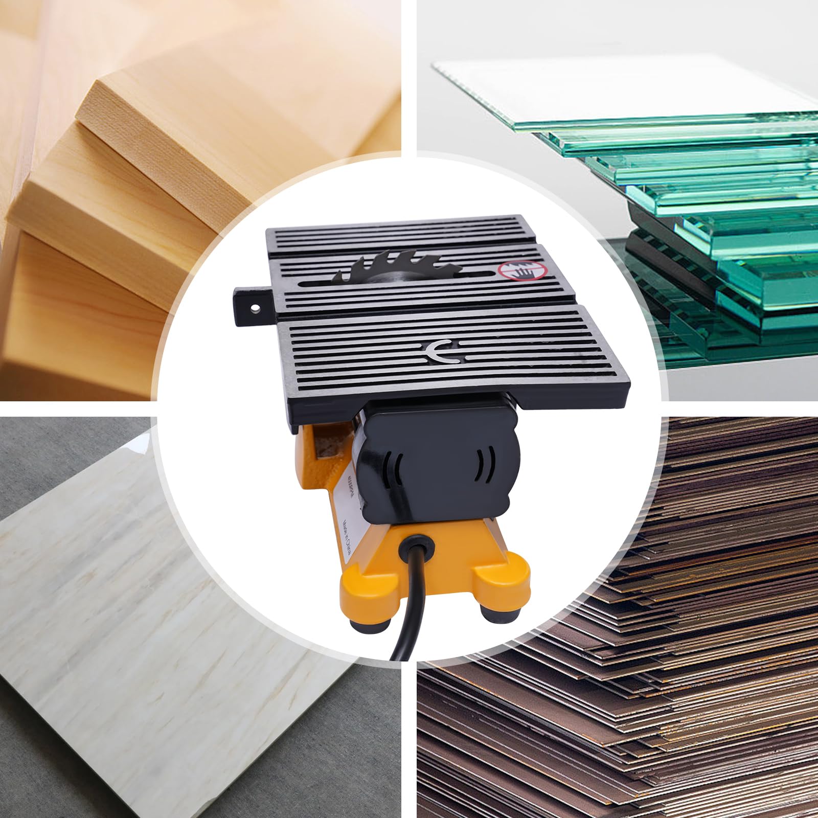 Mini Sega Circolare da Tavolo 90 W 4500 Giri/Min, Sega di Precisione con 3 Lame, Profondità di Taglio Regolabile a 16 mm, Angolo di Taglio Trasversale Regolabile, Banco Sega per Legno, Metallo, Pietra