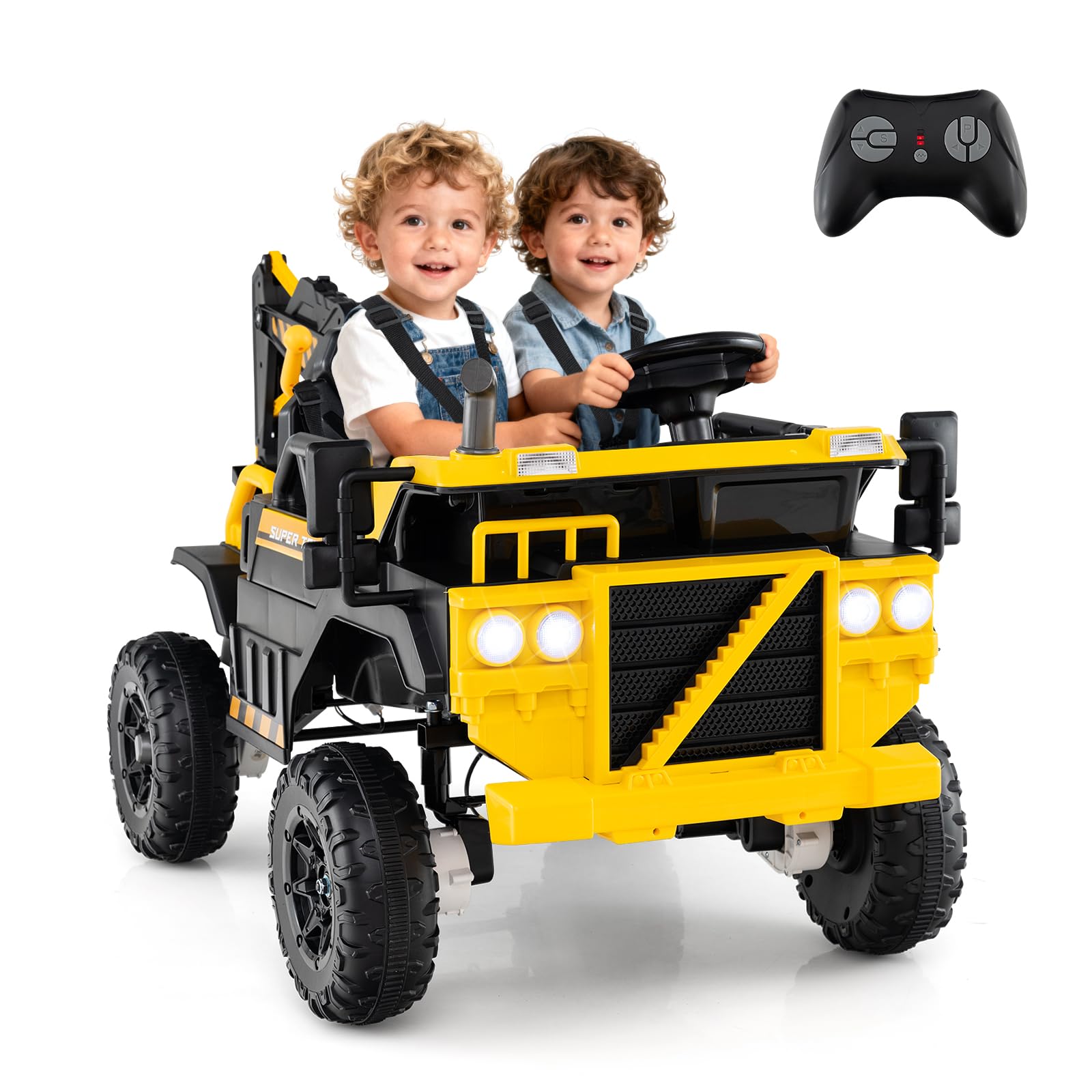 COSTWAY 24V Voiture Excavatrice Électrique Enfant avec Télécommande & Pelle, Camion Électrique 2 Places avec Musique & Lumières & Klaxon, 2,6-5km/h, Charge 25kg, Tracteur pour 3 Ans+, Jaune