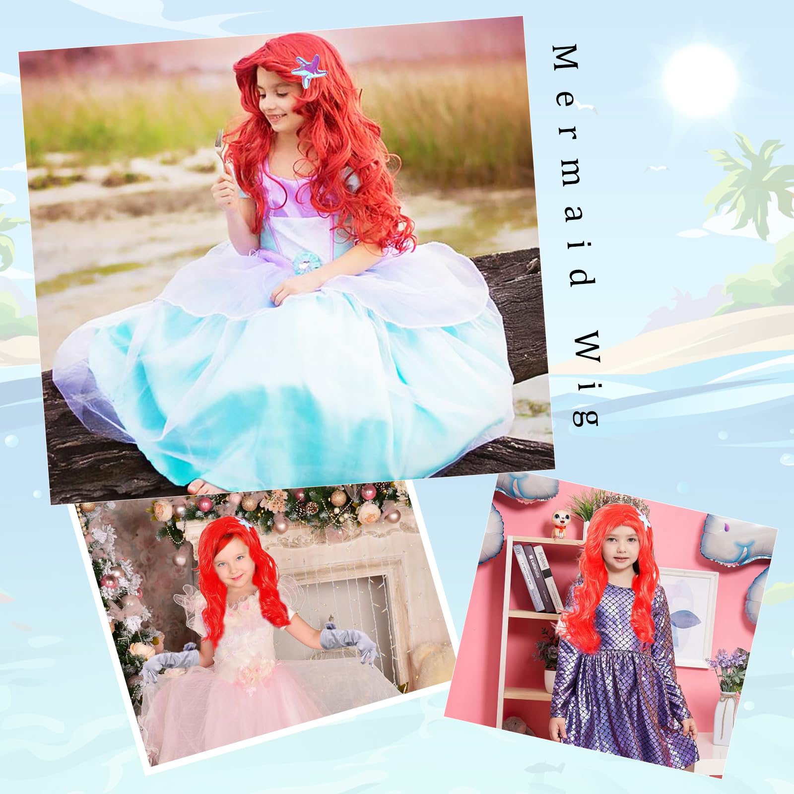 Peluca Roja Larga De Sirena Con Gafas Y Redecilla – Cosplay Y Halloween – Fibra Suave, Estilo Princesa Para Mujer Y Niña