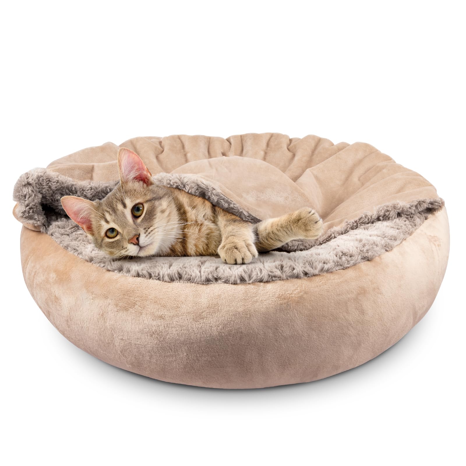 JOEJOY Cama pequeña para perros y gatos con manta con capucha, acogedora cama de lujo para cachorros, cama redonda calmante antiansiedad para perros, cama cueva para madriguera, parte inferior
