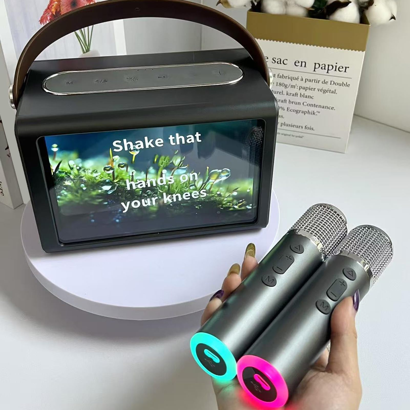Sxhlseller Macchina per Karaoke Portatile con Display dei Testi da 8 Pollici, di Altoparlanti WiFi Bluetooth 5.4 con 2 Microfoni Wireless per Feste in Casa e attività all'aperto