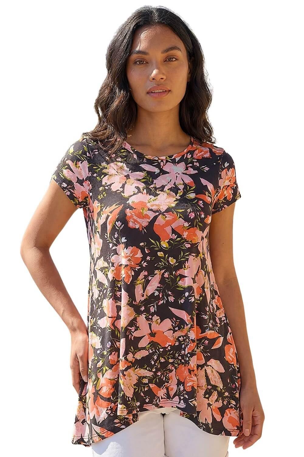 Roman Women's Black Floral Print Hanky Hem Top In | Size: 14
