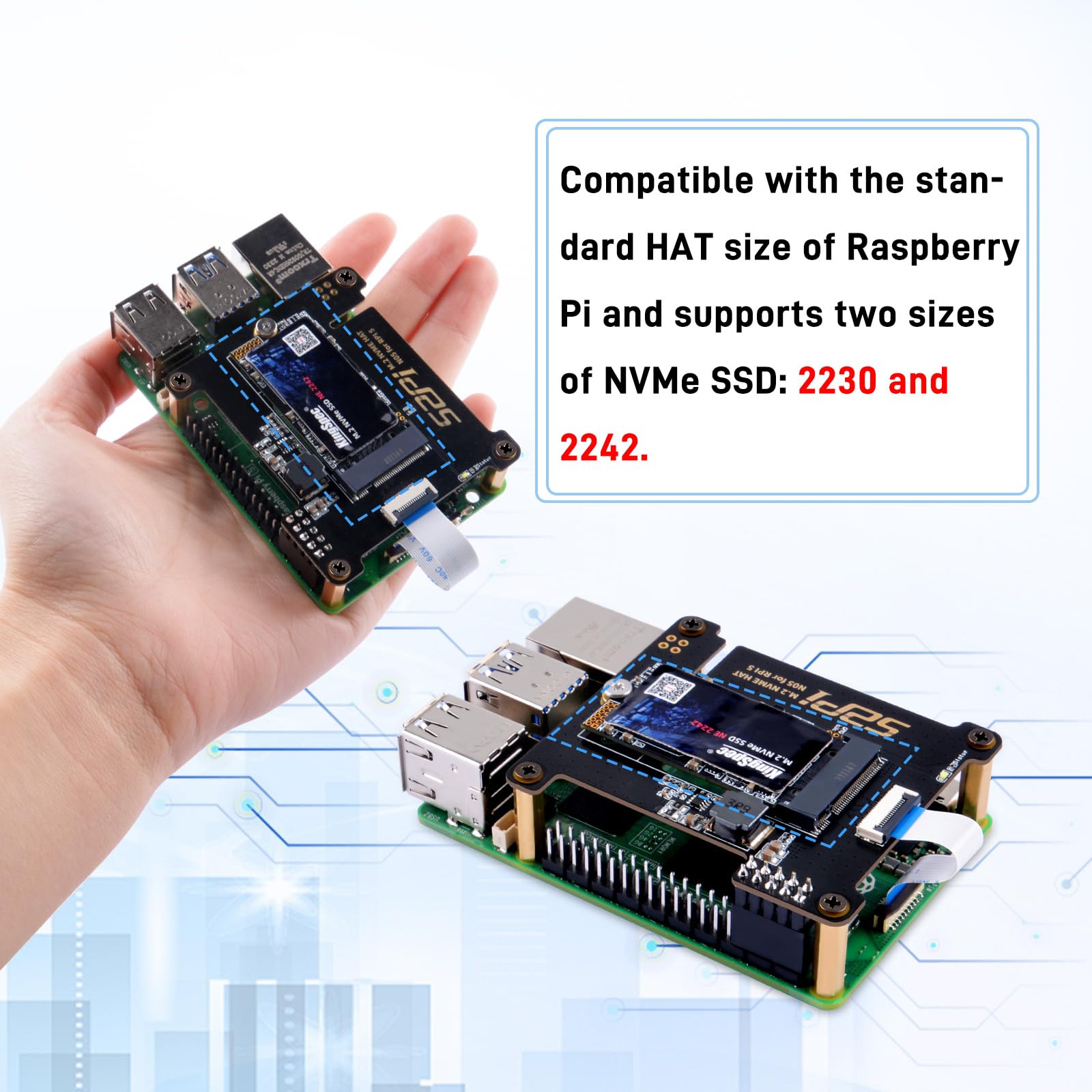 GeeekPi N05 M.2 M-Key NVMe Hat para Raspberry Pi 5, M.2 2242 PCIe a NVMe SSD Shield Pip PCIe Placa periférica Superior para Raspberry Pi 5 4GB/8GB (SSD y Placa Pi5 no están Incluidas)