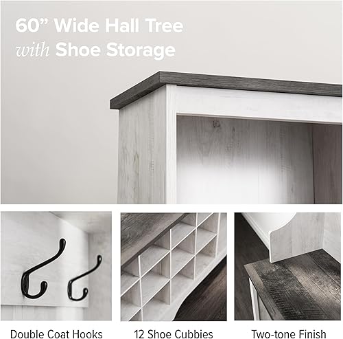 Miniatura 6 de Prepac Árbol de pasillo estilo granja blanco lavado, gabinete para zapatos, gabinete de almacenamiento con 12 compartimentos para zapatos, 2