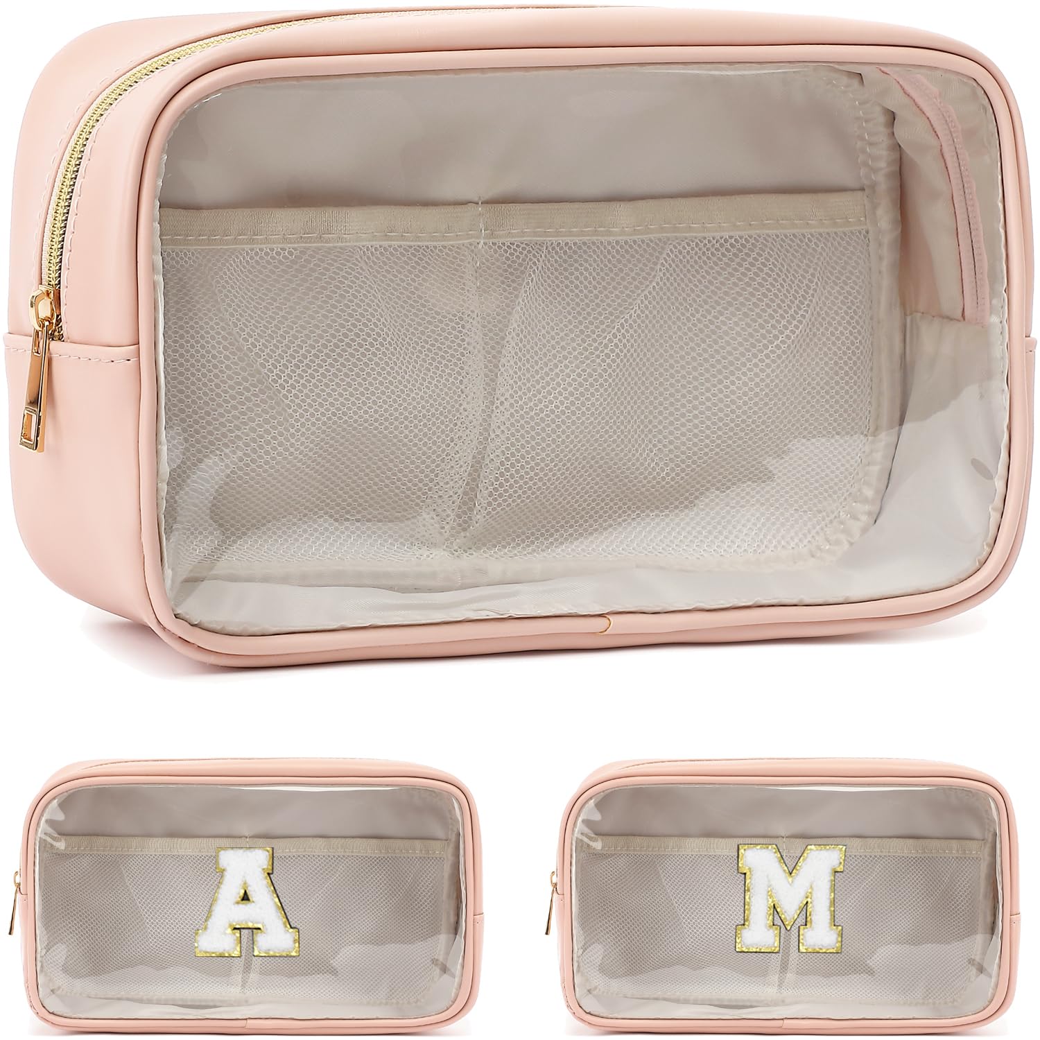 Fammart Clear Makeup Bag with 2 Customizable Chenille Letters - Waterproof PU Leather Cosmetic Case, Large Personalized Toiletry Pouch for Women &