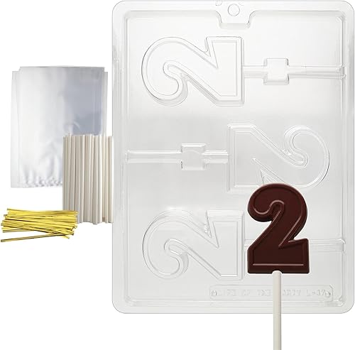 cybrtrayd Número 2Lolly letras y números Chocolate Candy Mold con Lollipop Bundle de fuente de 25Oro Twist Ties