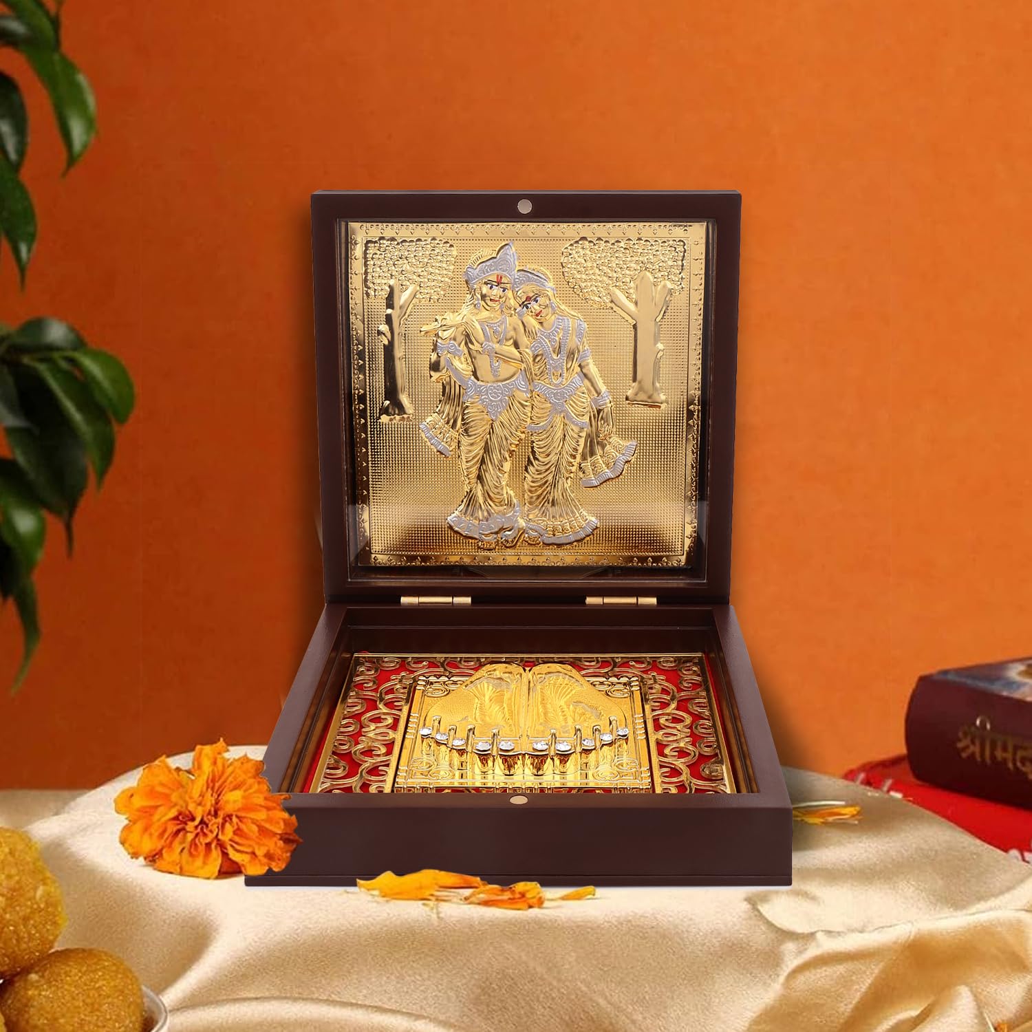 INTERNATIONAL GIFT® Golden Radha Krishna Charan Box (4 * 4 Inch)