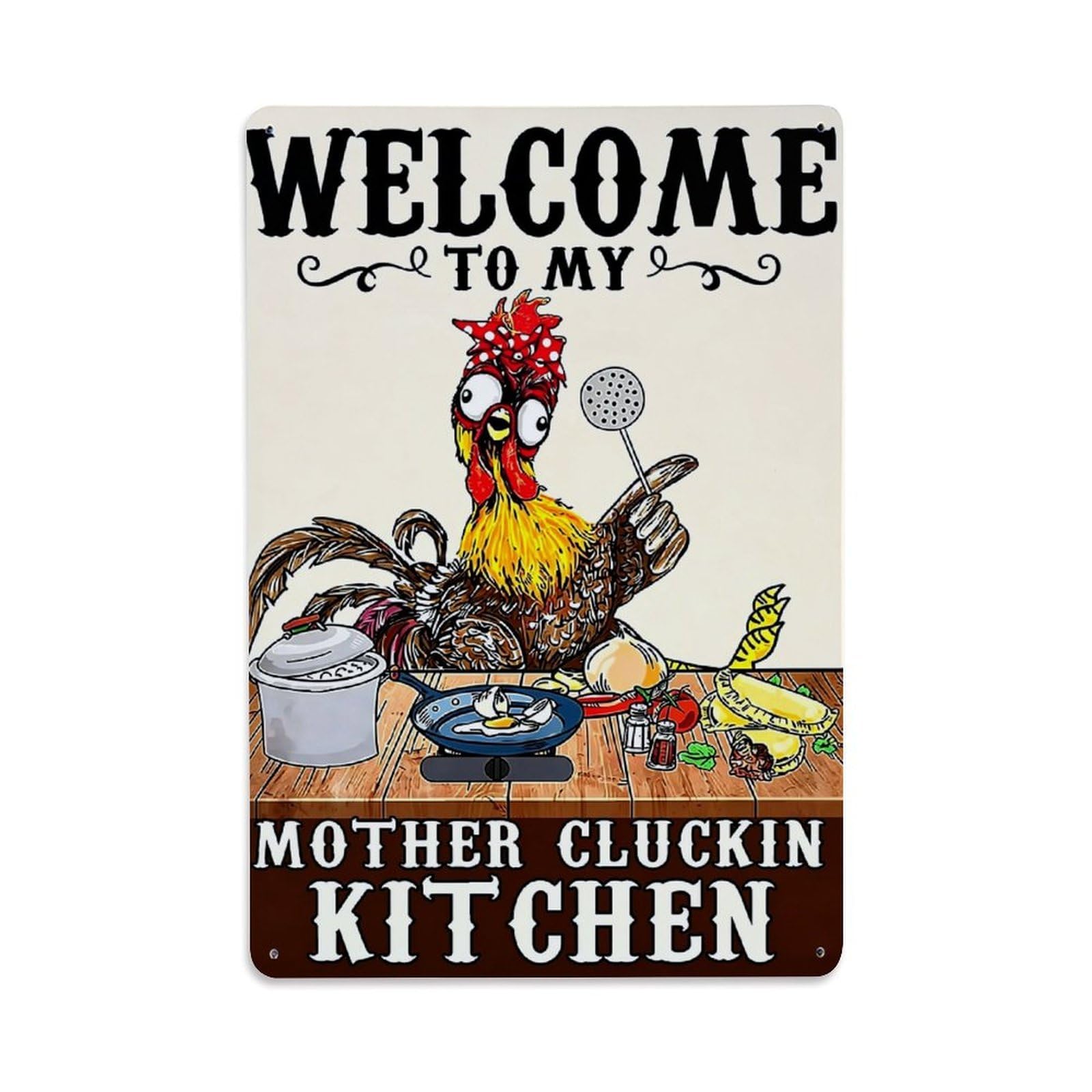 Rooster Cooking Kitchen Scene Art Retro Metal Tin Sign, Vintage Decor Art Poster for Bar, Home, Man Cave, Kitchen, Laundry Room Gift 8x12Inch