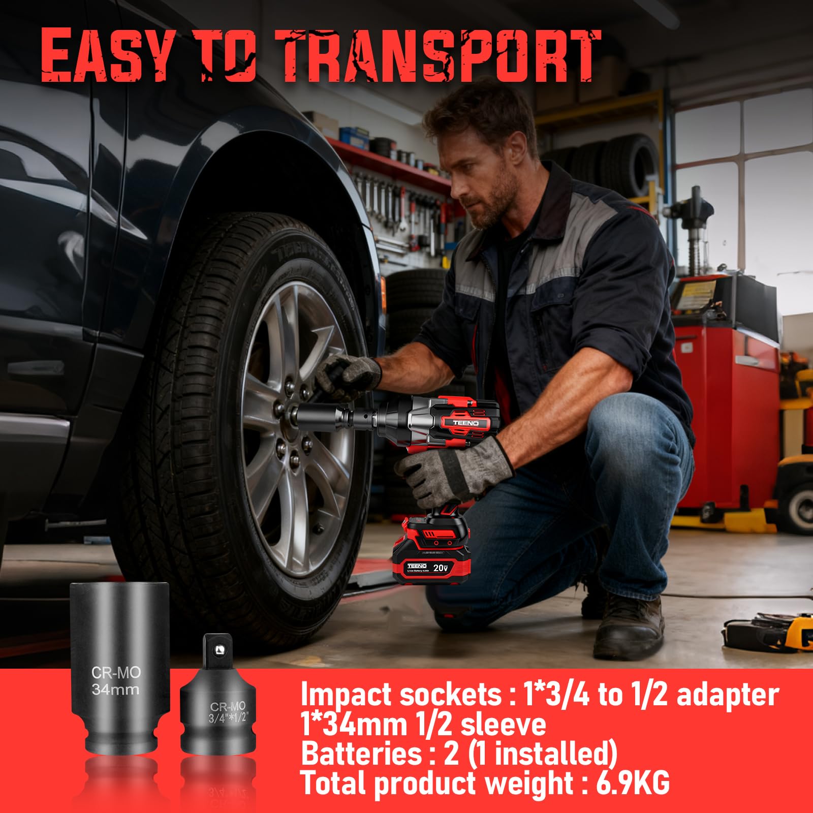 TEENO Avvitatore a Impulsi 1600 Nm, 1/2" Brushless Avvitatore ad Impulsi con 2 Batterie da 4000mAh, 2400 RPM e testine adattatrici e caricatore rapido, Avvitatori a Massa Battente per Auto Casa