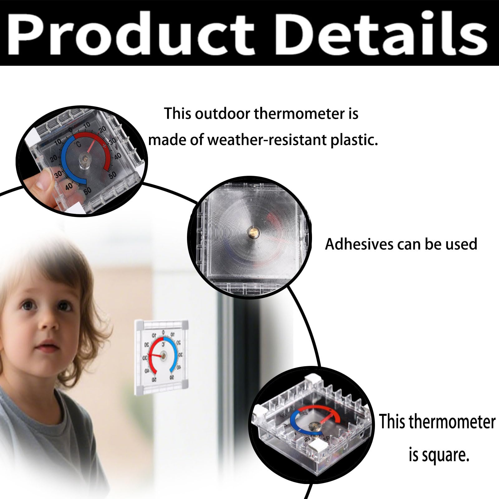 Pack de 2 termómetros para ventanas exteriores, termómetros exteriores, termómetros para exteriores, autoadhesivos, a 50 °C, para exteriores, analógicos, para pegar en el cristal — view 3