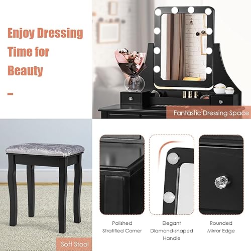 Miniatura 4 de COSTWAY Juego de escritorio de tocador con espejo iluminado, escritorio giratorio de 360 con 10 bombillas LED, tocador de maquillaje con 5 cajones,