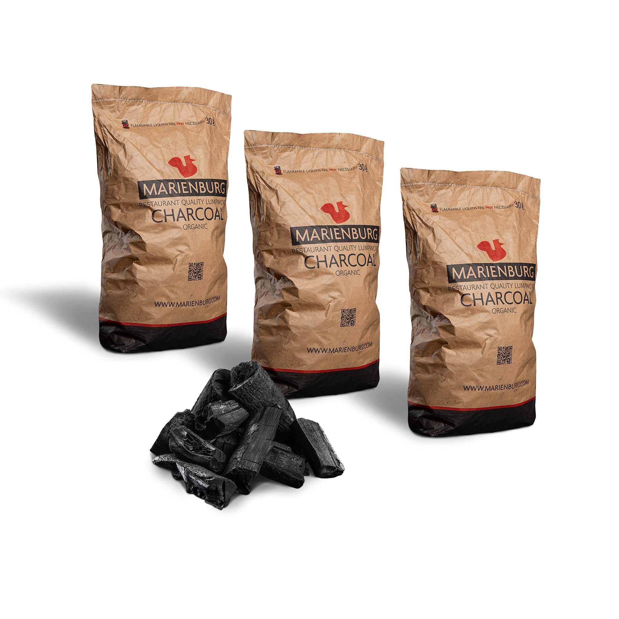 Marienburg Organic Lumpwood Charcoal BBQ - Sustainable, Smokeless, Odorless, Ready in 15 Minutes!, 95% 5-20cm Pieces 30L Bag - Effortless Ignition - Restaurant Grade Charcoal Quality! (3 x 30L)
