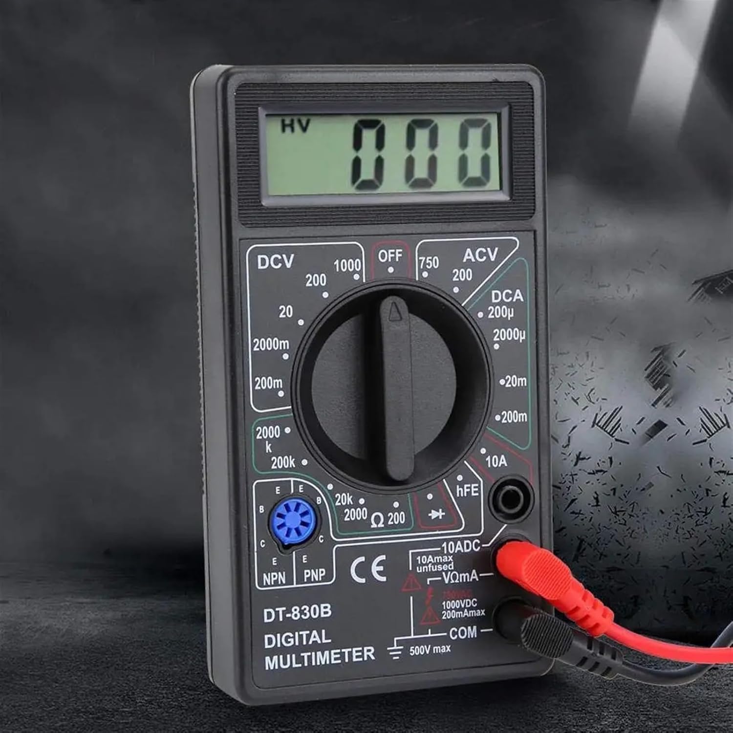 ESSISH DT830B Digital Multimeter with test leads connected to VΩmA and COM jacks