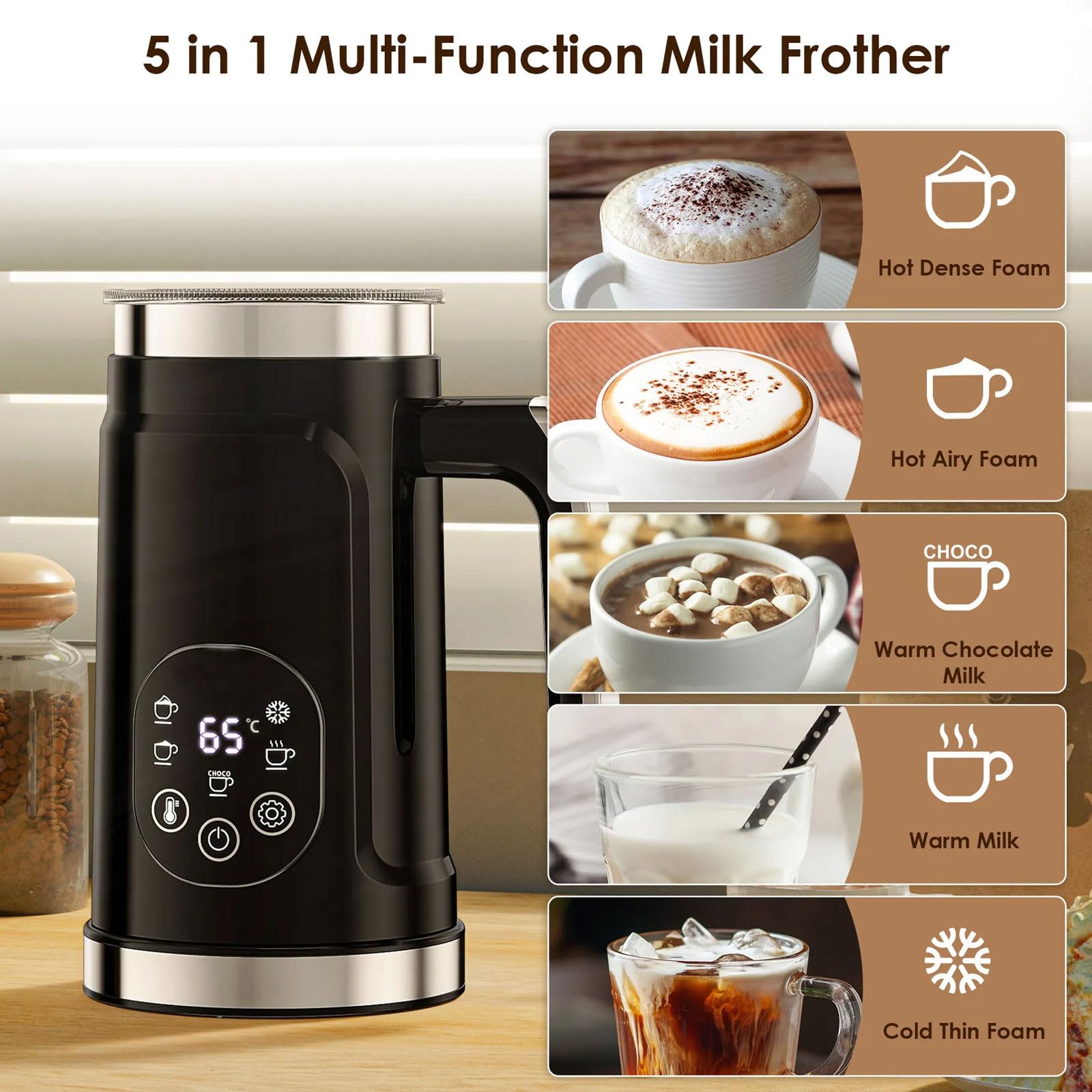 Elektryczny spieniacz do mleka 500 W, podgrzewacz do mleka i parownik, 300 ml, inteligentny ekran dotykowy LCD, 5 funkcji, łatwy do czyszczenia, do kawy, latte, cappuccino, czekolady