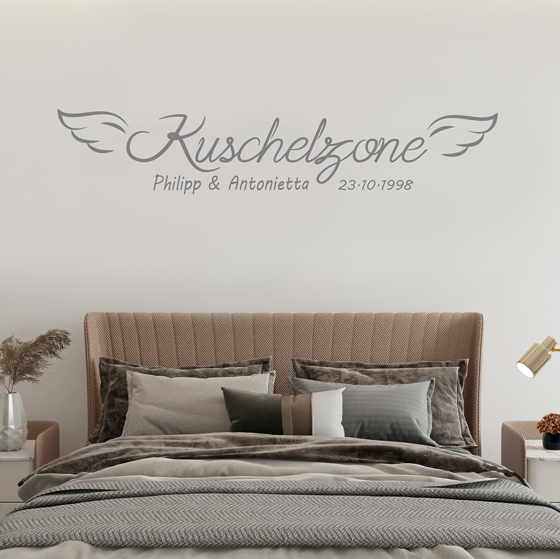 Tjapalo® A13 Kuschelzone mit Namen und Datum - Wandtattoo für Schlafzimmer, Sprüche und Liebe - Farbe: dunkelgrau, Größe: B200xH40cm