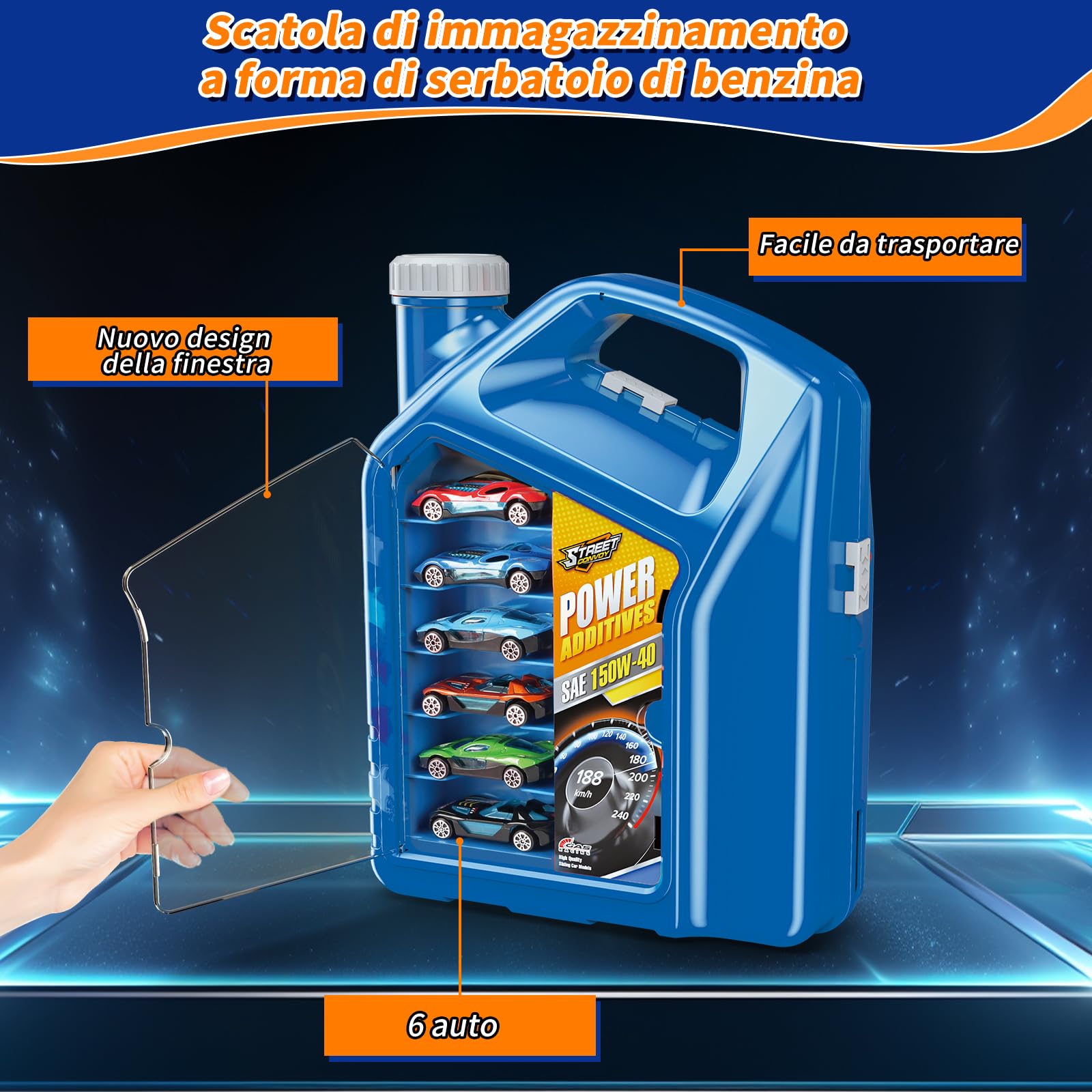 Charmofun Pista Macchinine 2 in1, Giocattolo Piste da Corsa con 6 Auto, Scatola Immagazzinaggio, Piste Macchinine per Bambini con Anello e Binari a U, Portatile Pista per Bambini 3+ Anni (Blu)