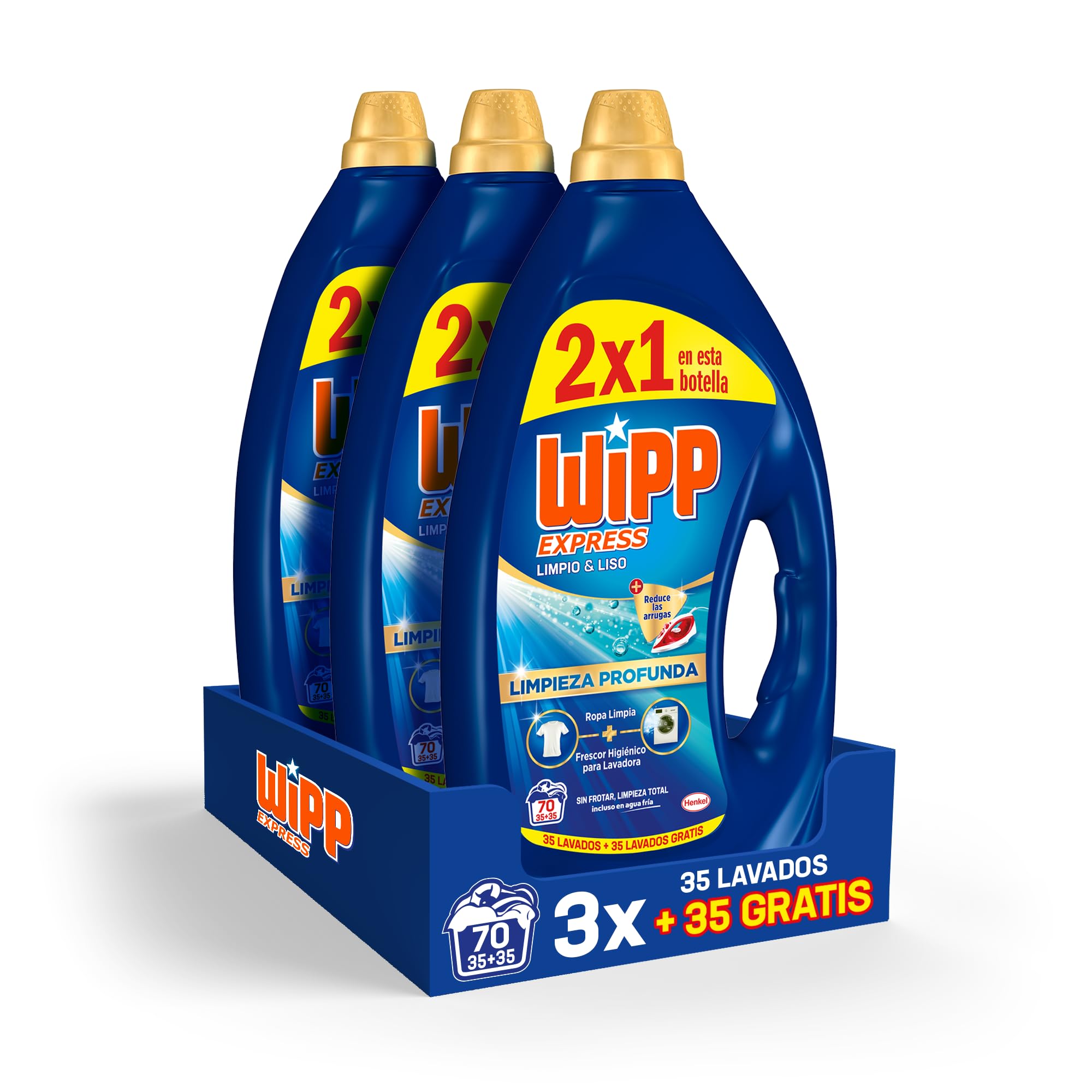 Wipp Express Limpieza Profunda Gel Limpio & Liso (3 x 3150 ml), detergente lavadora líquido que reduce las arrugas, detergente con fórmula quitamanchas ropa apto para agua fría
