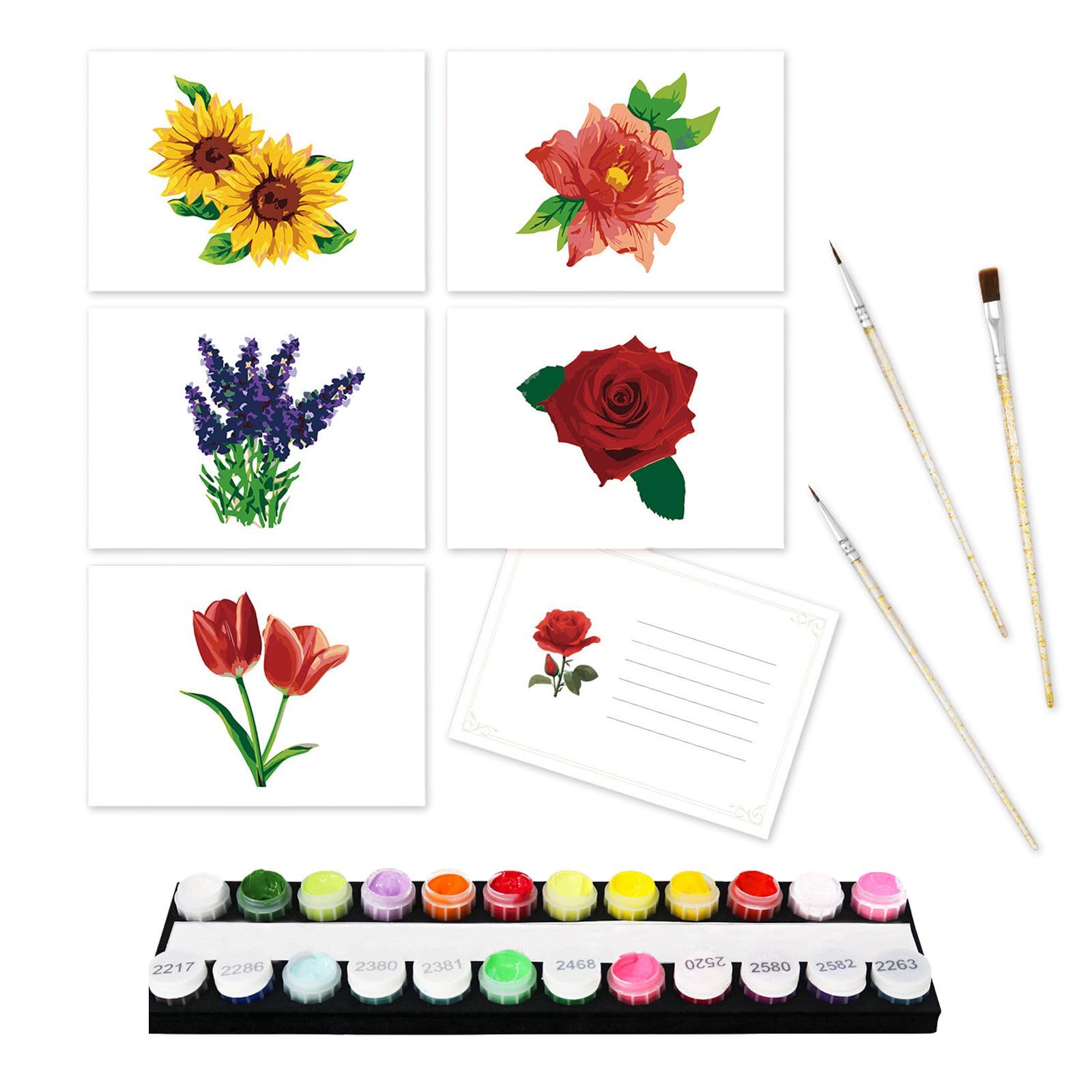 Paint by Numbers Cards with Envelopes for Adults, DIY Oil Painting Paint by Numbers Greeting Card for Family, Lovers, Friends-01-Flowers