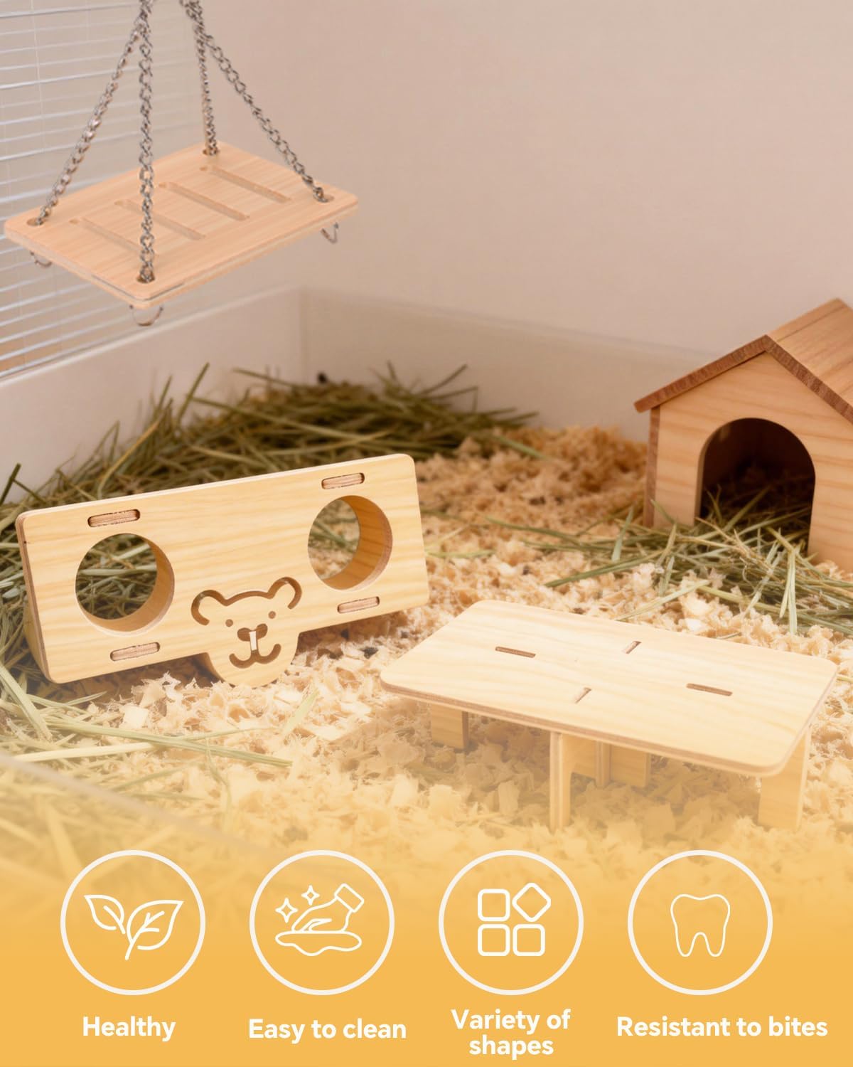 6 PCS Wooden Hamster Cage Accessories Toys Set, Hamster House Hideout, Platform, Silent Wheel, Feeding Box, Swing & Seesaw Toys, Cute Habitat Decor for Syrian Dwarf Hamsters and Gerbil