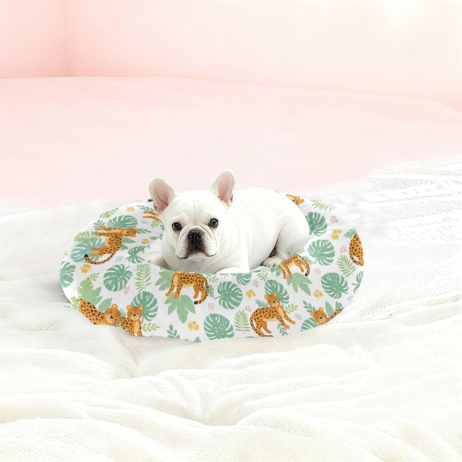 Leopard Cute Leaves Pattern Dog Bed Donut Small Dog Beds Washable Cat Pet Bed Cozy Puppy Beds for Small Medium Dogs Cats,M