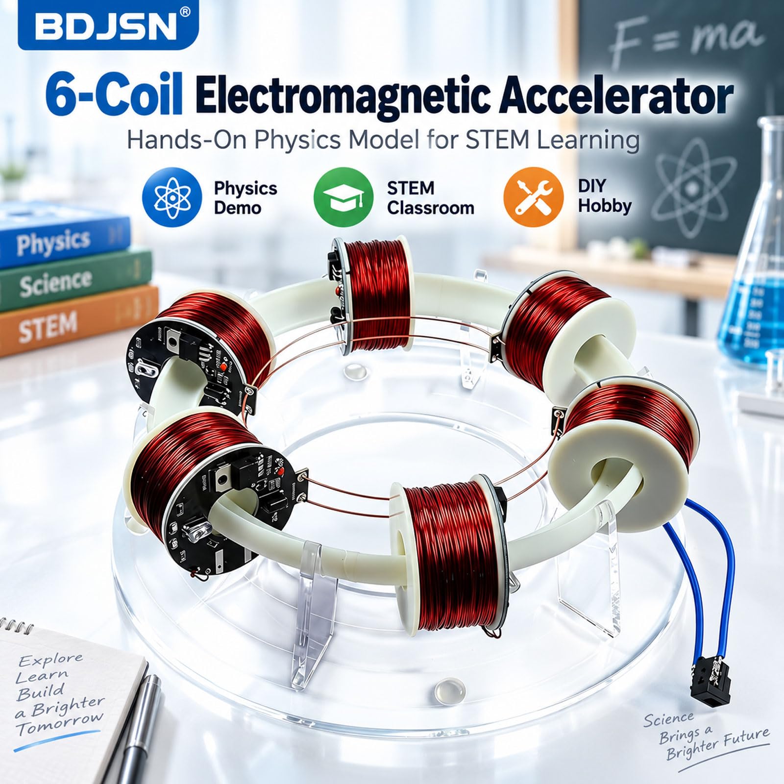 Acceleratore Elettromagnetico A 6 Bobine, Modello Dimostrativo Di Fisica Con Controllo Indipendente, Pista Circolare In Acciaio Inox E Base In Acrilico Per Esperimenti Stem
