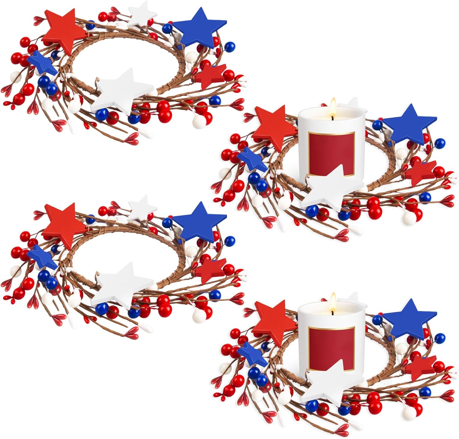 4 Pcs Patriotic Candle Rings Red White Blue Star Mixed Berries Candle Rings Patriotic Candle Holder Wreaths for 4th of July Home Kitchen Pillar Candle Tabletop Decor