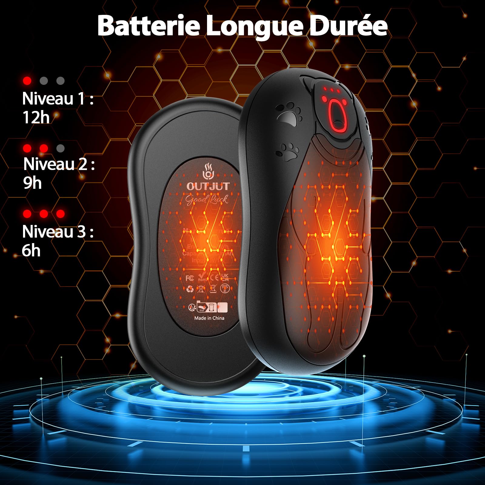 Chauffe Main Electrique 2 en 1 Noir, Chaufferette Main Reutilisable, 3 Niveaux de Chauffe, 12000mAh Rechargeable par USB, Cadeaux Hiver Unisexes, pour Camping et Sports en Extérieur