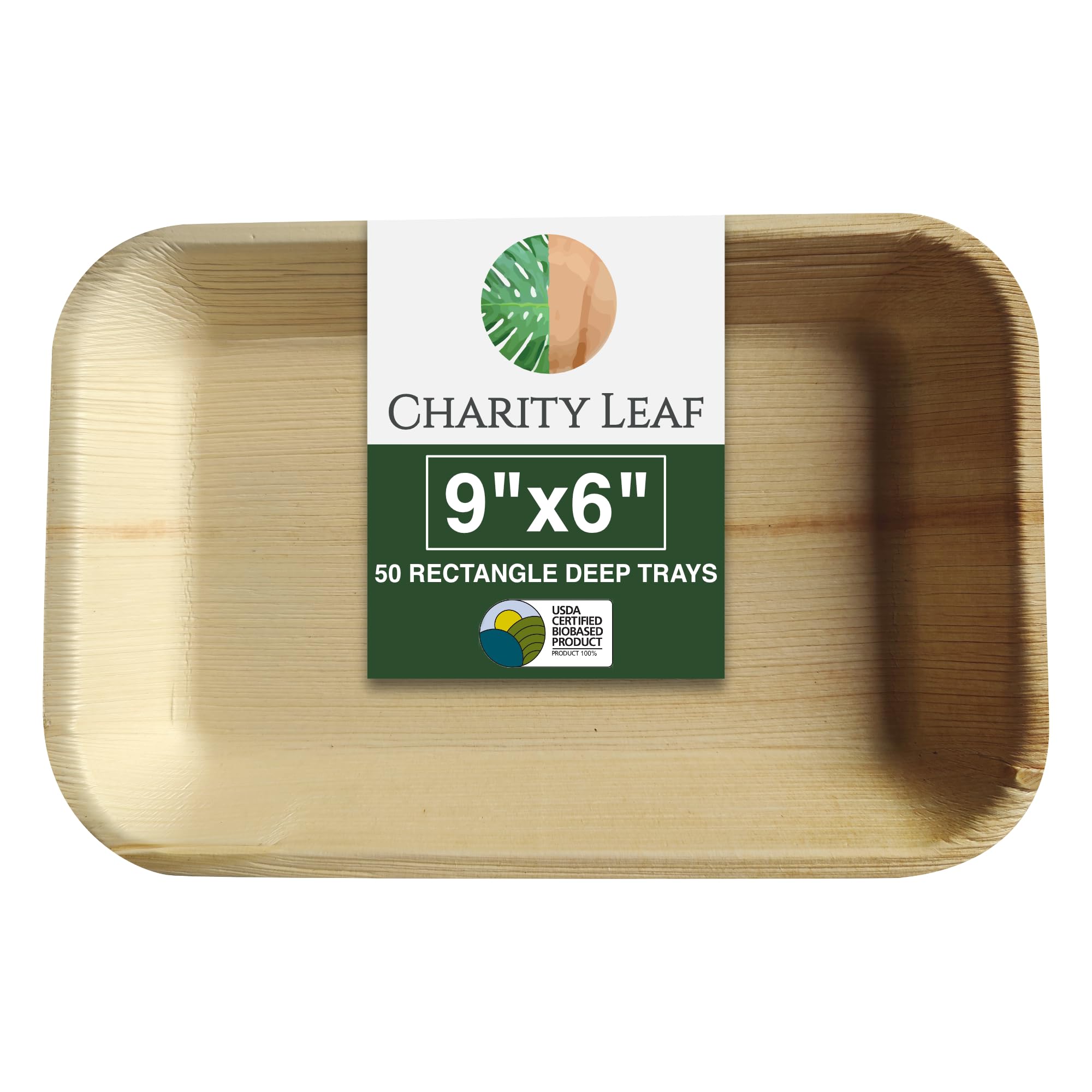 Charity Leaf Jednorazowe tacki na liście palmowe 23 cm x 15 cm (50 sztuk) bambusowe talerze do serwowania, jednorazowe deski, ekologiczna zastawa obiadowa na wesela, catering, imprezy