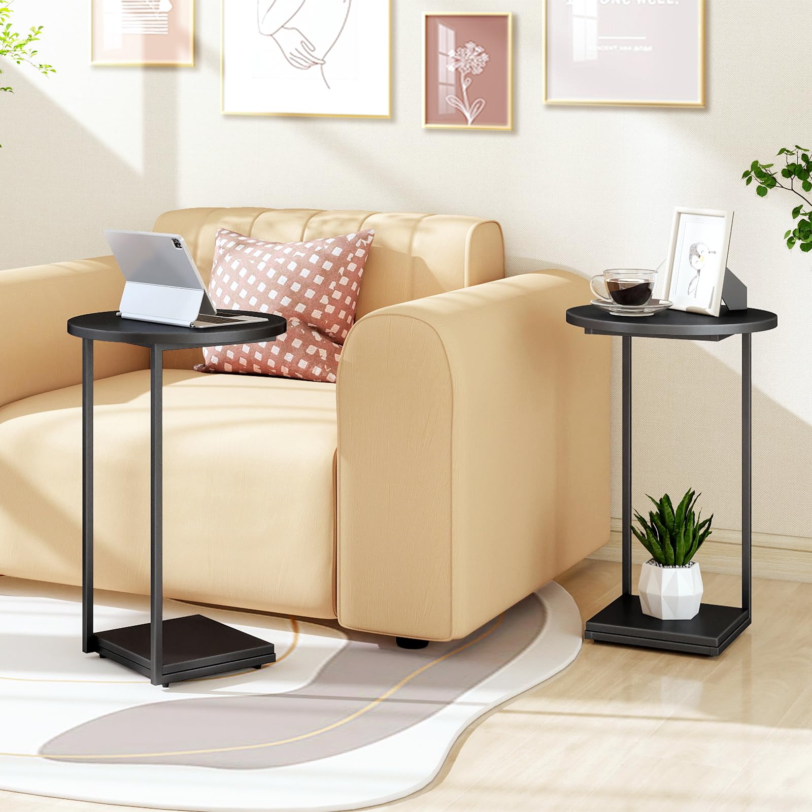 HDANI Beistelltisch C-Form,Couchtisch,Sofatisch,Runder 2er Set,Schwarz