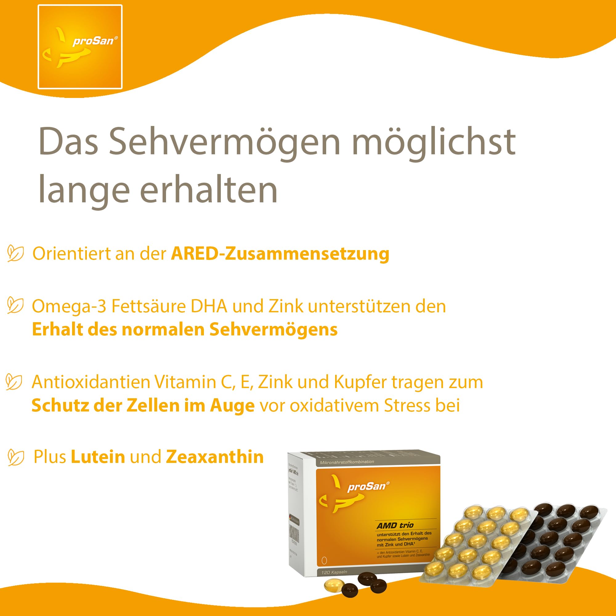 proSan AMD trio (Monatspackung: 120 Kapseln) | unterstützt den Erhalt des Sehvermögens mit Zink & DHA | Nach AREDS2-Studie: Lutein, Zeaxanthin, Vitamin C, E, Kupfer, EPA