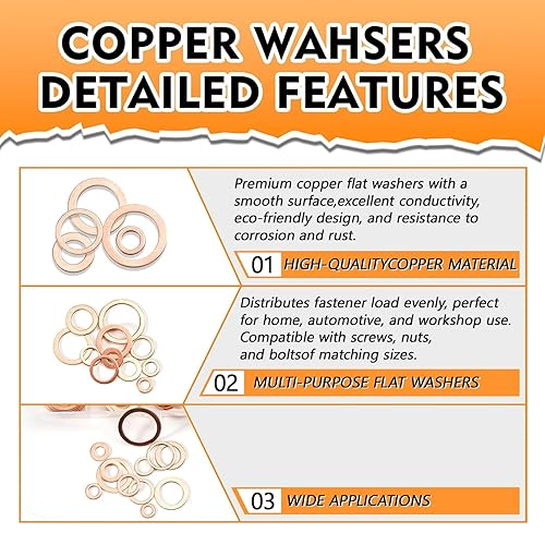 Miniatura 5 de Juego de 235 piezas de arandelas métricas de sellado de cobre aplastables, kit de surtido de anillo plano, sello de junta del tapón de drenaje de