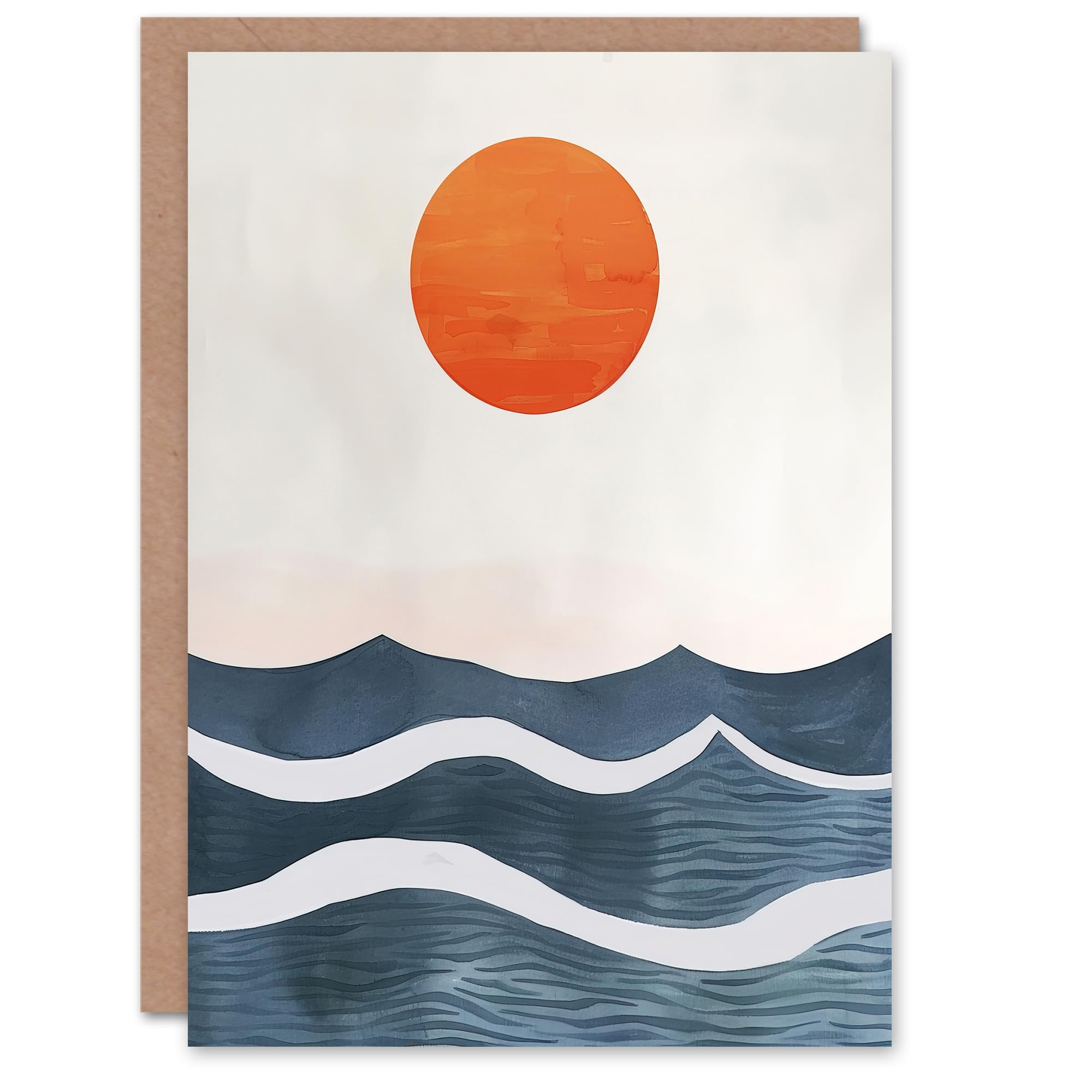 Artery8 Greeting Card Minimalist Large Sunset Sun Over Ocean Waves Blank For Him Or Her Art Birthday Card