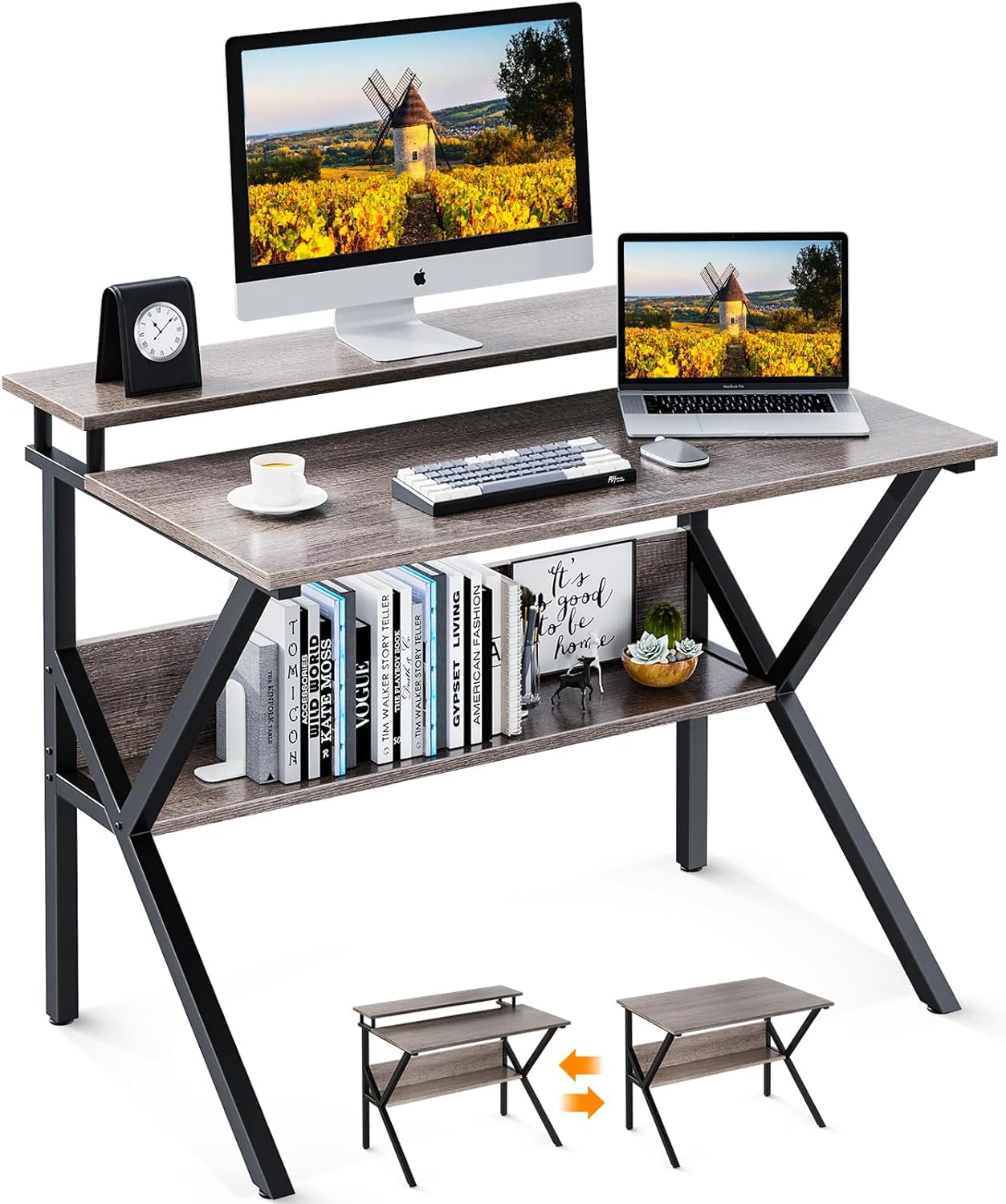 ODK Small Desk, 27.5 Inch Small Computer Desk for Small Spaces, Compact Desk with Storage, Tiny Desk Study Desk with Monitor Stand for Home Office, Grey Grey 27.5 inch