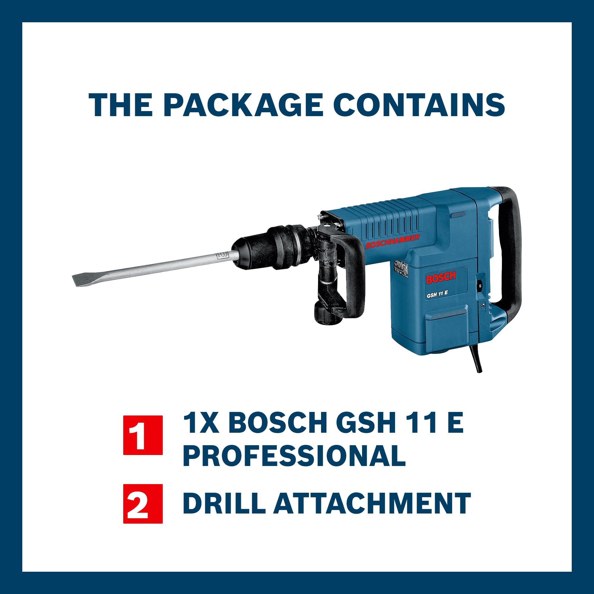 Bosch GSH 11 E Heavy Duty Electric Demolition Hammer with SDS Max, 1,500W, 16.8 J, 10.1 kg, Speed Selection, Vario Lock + SDS Max RTec Sharp Flat & Pointed Chisel, Handle & Case, 1 Year Warranty