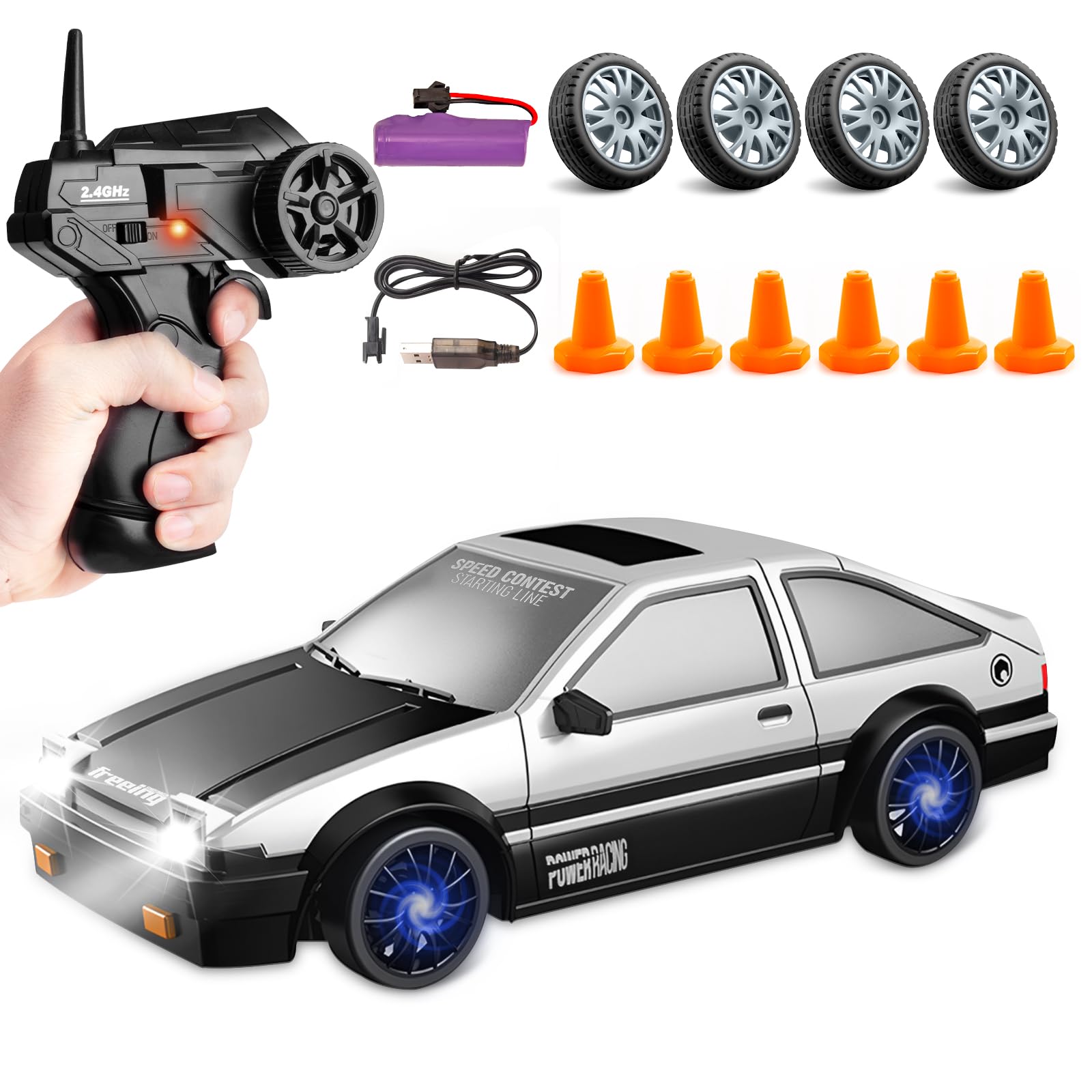 Coche RC Drift, 1:24 Coche Teledirigido Drift con Iluminación, 30 km/h, 2.4 GHz, 4WD Drift RC Car, Coche de Drift Teledirigido para Niños y Adultos a Partir de 6 Años (Plateado)