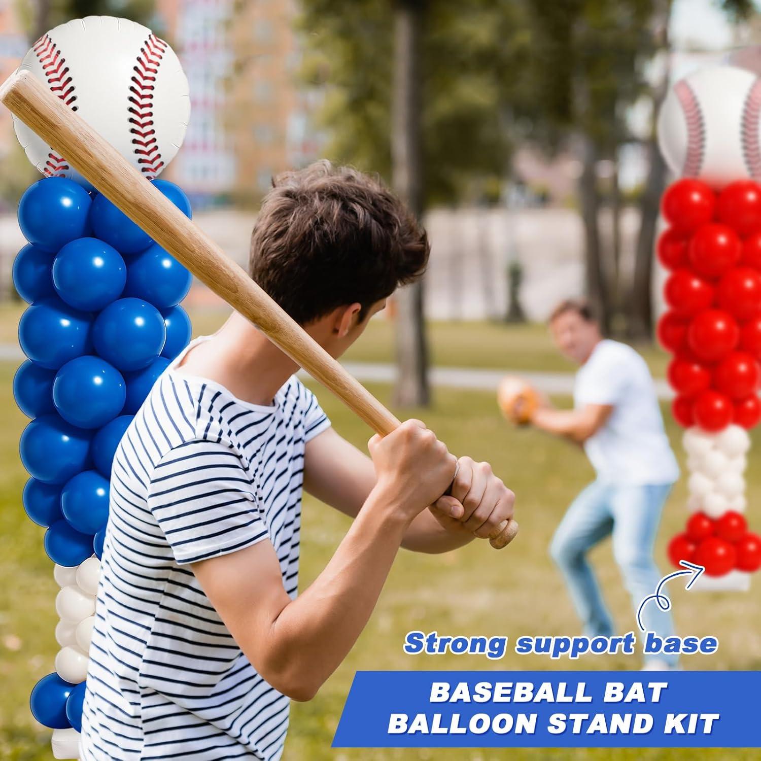 Gejoy 2 Sets Baseball Balloon Column Stand Kit with 253 Baseball Latex Balloons 7 Cards 6.5 ft Adjustable Towers Kit for Floor Party Decorations