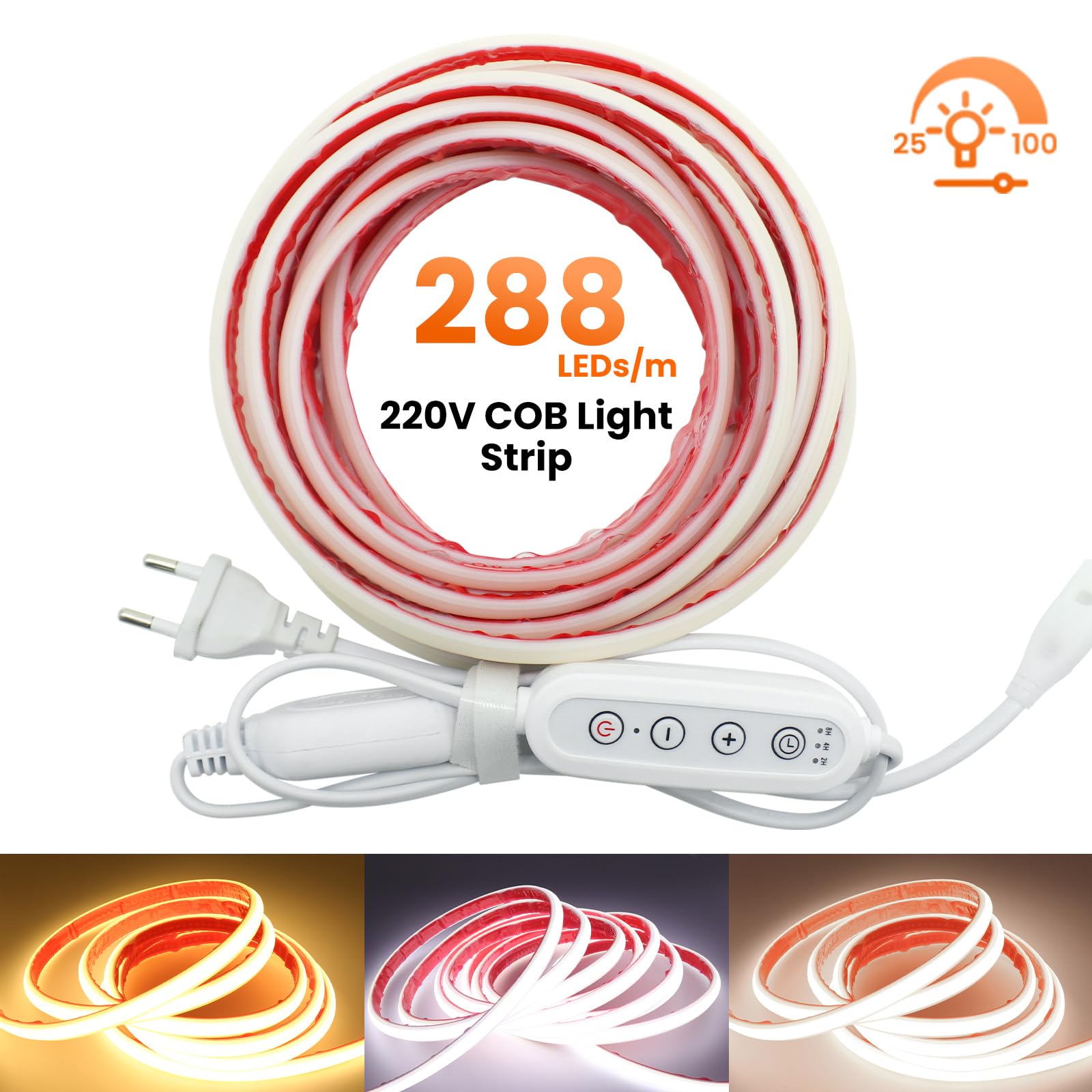 Tira LED neón COB 220V con temporizador/regulación de intensidad [15M, Blanco 6000-6500K], IP65 impermeable flexible, 288 LEDs/m Tira LED FCOB cortable CRI85+, decoración para el hogar