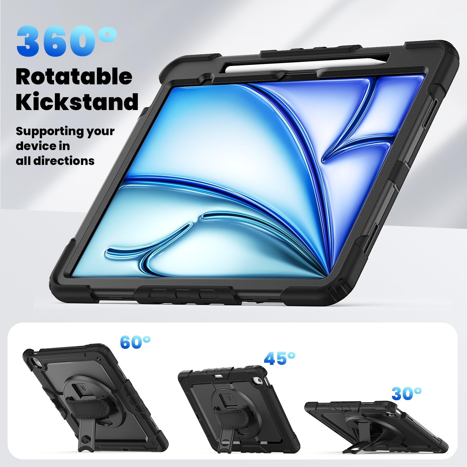 Kompatybilny z etui iPad Air 13 cali M2 2024 ochraniaczem ekranu, wytrzymały [podpórka] [pasek na ramię] Odporny wstrząsy pokrowiec obrotowym paskiem rękę 360° i ramię(Noir)
