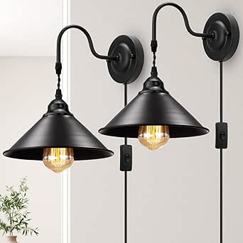 Plug-in Wall Sconces Set of 2 - Vintage Black Industrial Wall Lamps with On/Off Switch