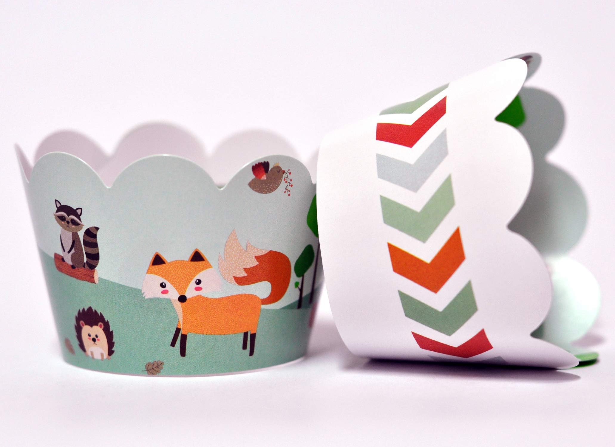 Woodland Animals Cupcake Wrappers for Kids Birthday Parties, Baby Showers, Fox, Bear, Deer Themed Parties/School Events. Set of 24 Reversible Cute Woodsy Scene to an Arrow Print Cup Cake Holder Wrap