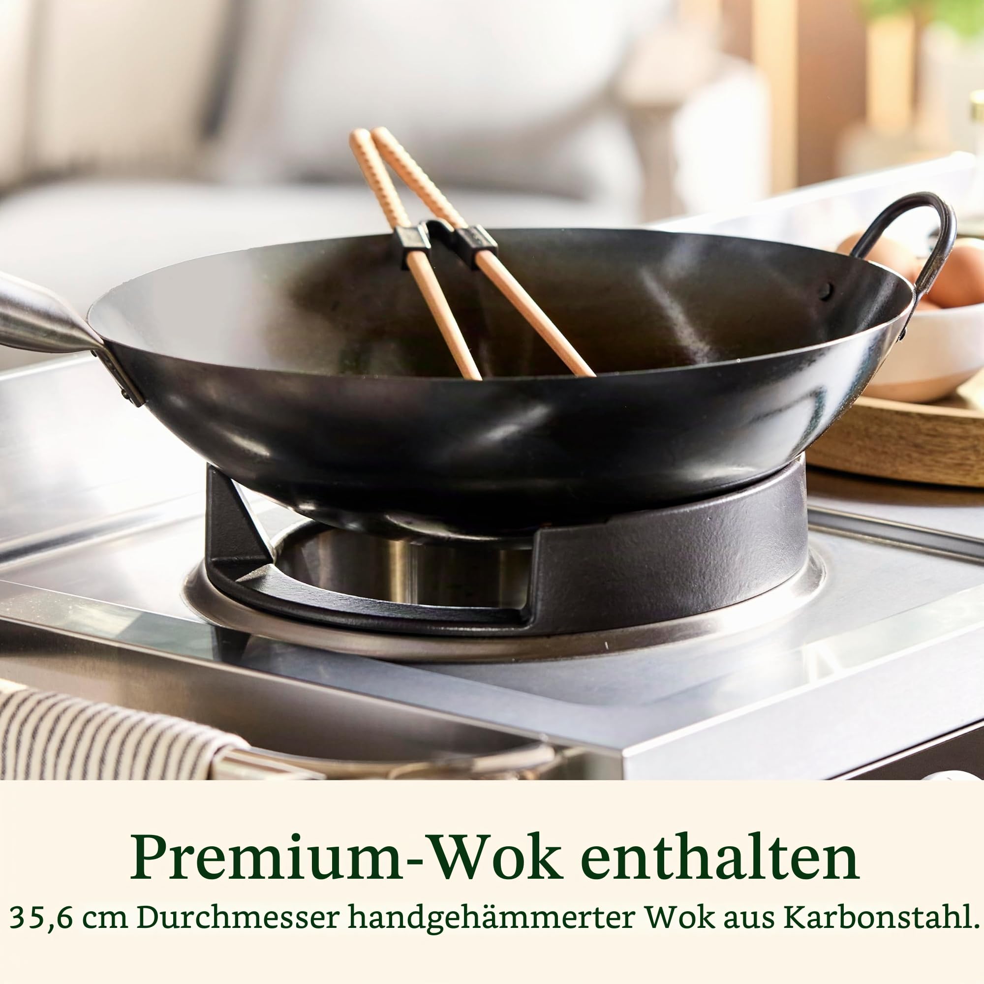 Cuisinart Outdoor Wok Station, 50.000 BTU Propan Outdoor Wok Burner with Prep Table, 35.6 cm Carbon Steel Fry Pan, Stainless Steel Side Table, Storage, Outdoor Cooking Station for Stir Fry, Searing
