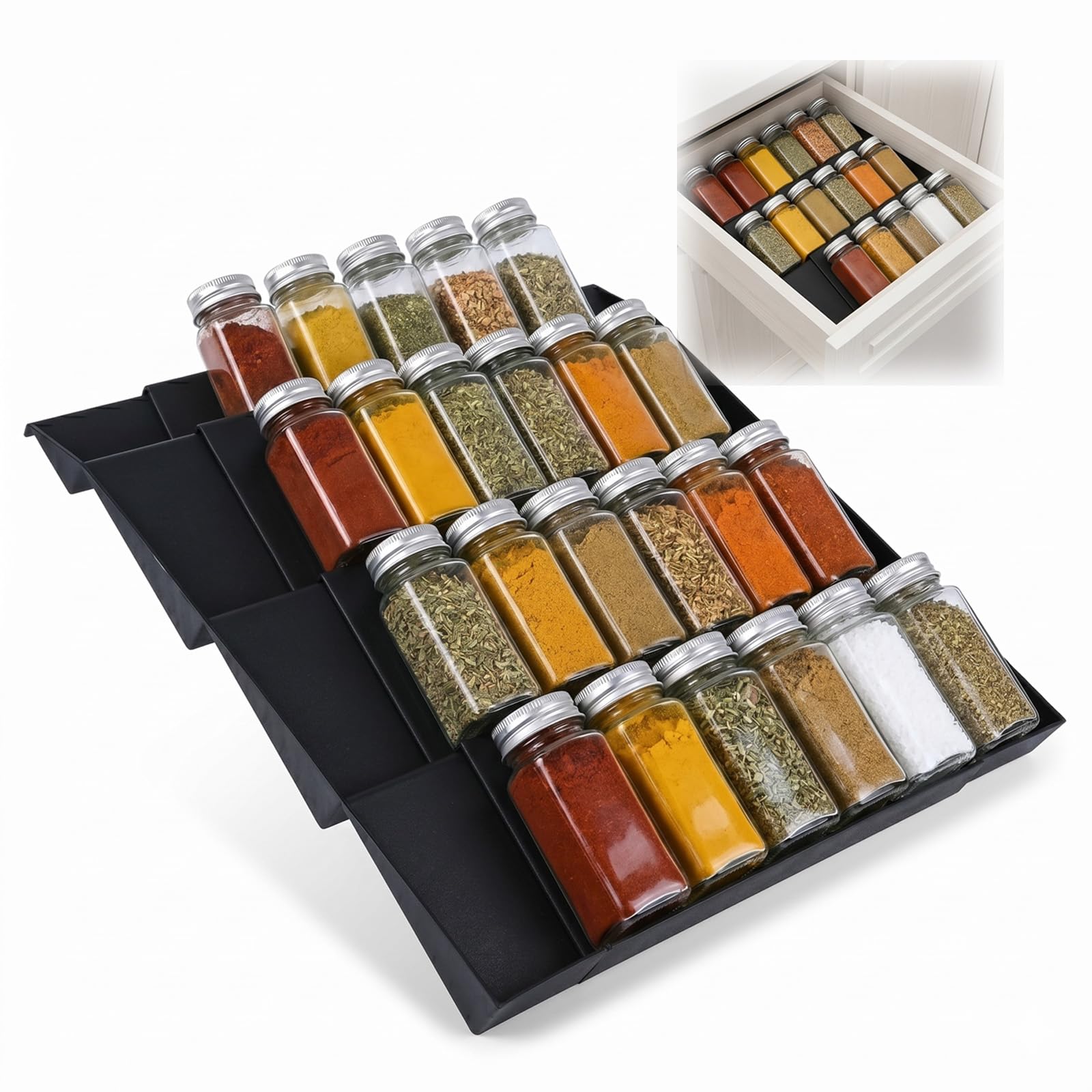 Noa Home Deco Étagères à Épices Extensibles pour Tiroir, Lot de 2 Range Épices, 30-60 cm, Organisateur Cuisine pour Placard et Plan de Travail, Support à Épices Réglable, Noir