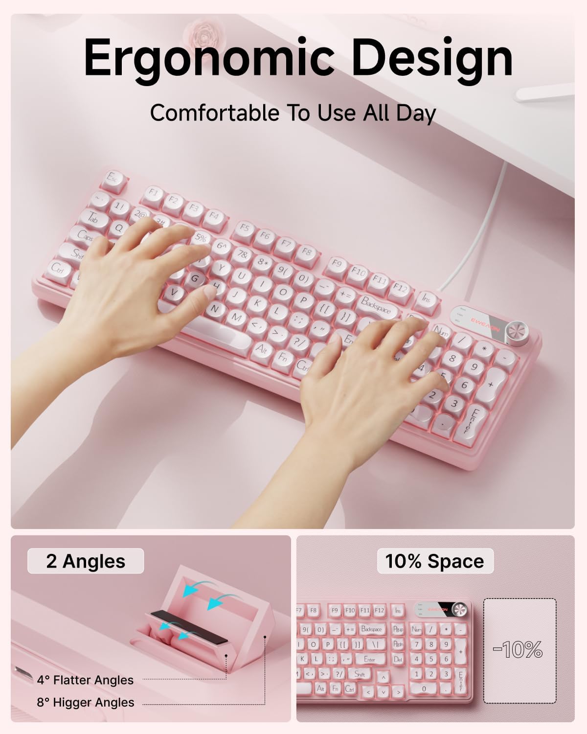 V102 Wired Keyboard, 98 Keys Creamy Gaming Keyboard with Number Pad, Display Screen & Media Knob RGB Silent Wired Cute Computer Keyboard for Laptop PC Gamer - Pink